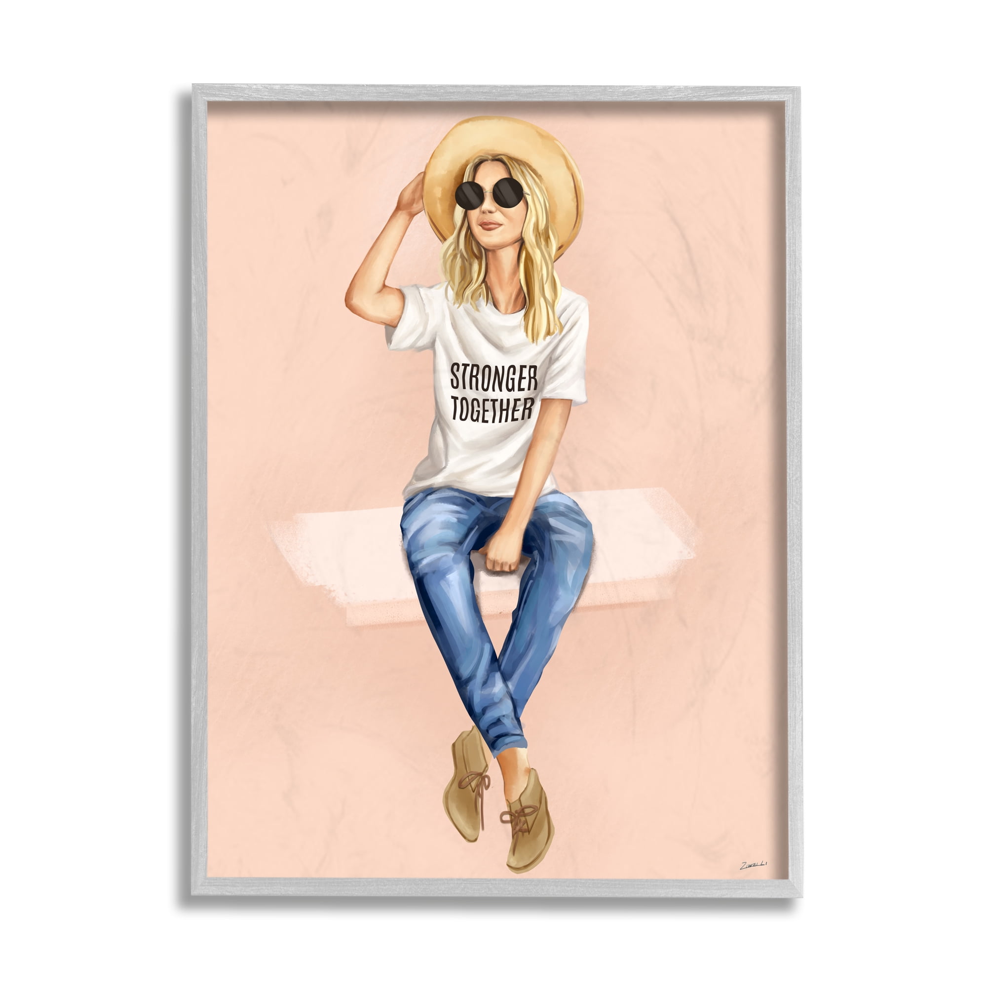 Stupell Industries Stronger Together Phrase Relaxed Fashion Female Beauty & Fashion Painting Gray Framed Art Print Wall Art, 16 x 20