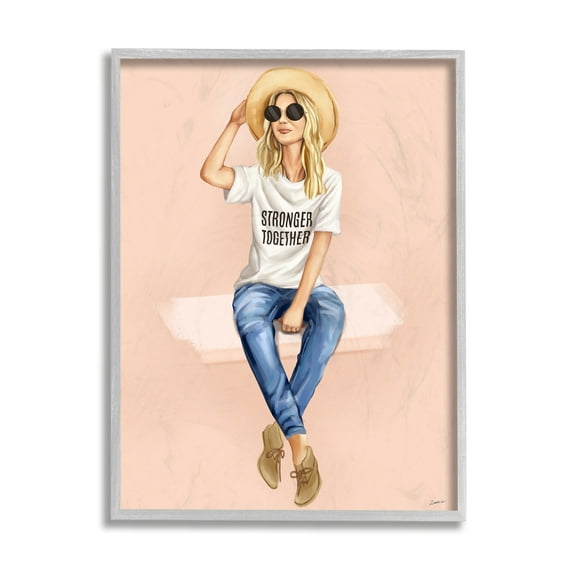 Stupell Industries Stronger Together Phrase Relaxed Fashion Female Beauty & Fashion Painting Gray Framed Art Print Wall Art, 16 x 20