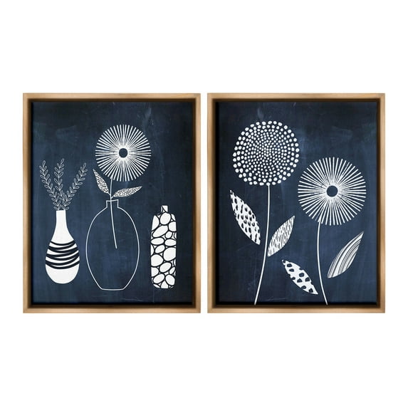 Stupell Industries Structured Flowers on Blue Botanical & Floral Painting Brown Floater Framed Canvas Art Print Wall Art, 17 x 21, Set of 2