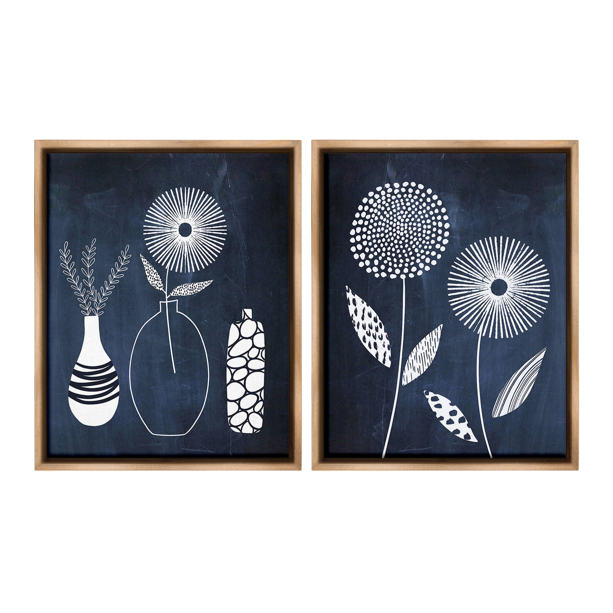 Stupell Industries Structured Flowers on Blue Botanical & Floral Painting Brown Floater Framed Canvas Art Print Wall Art, 25 x 31, Set of 2