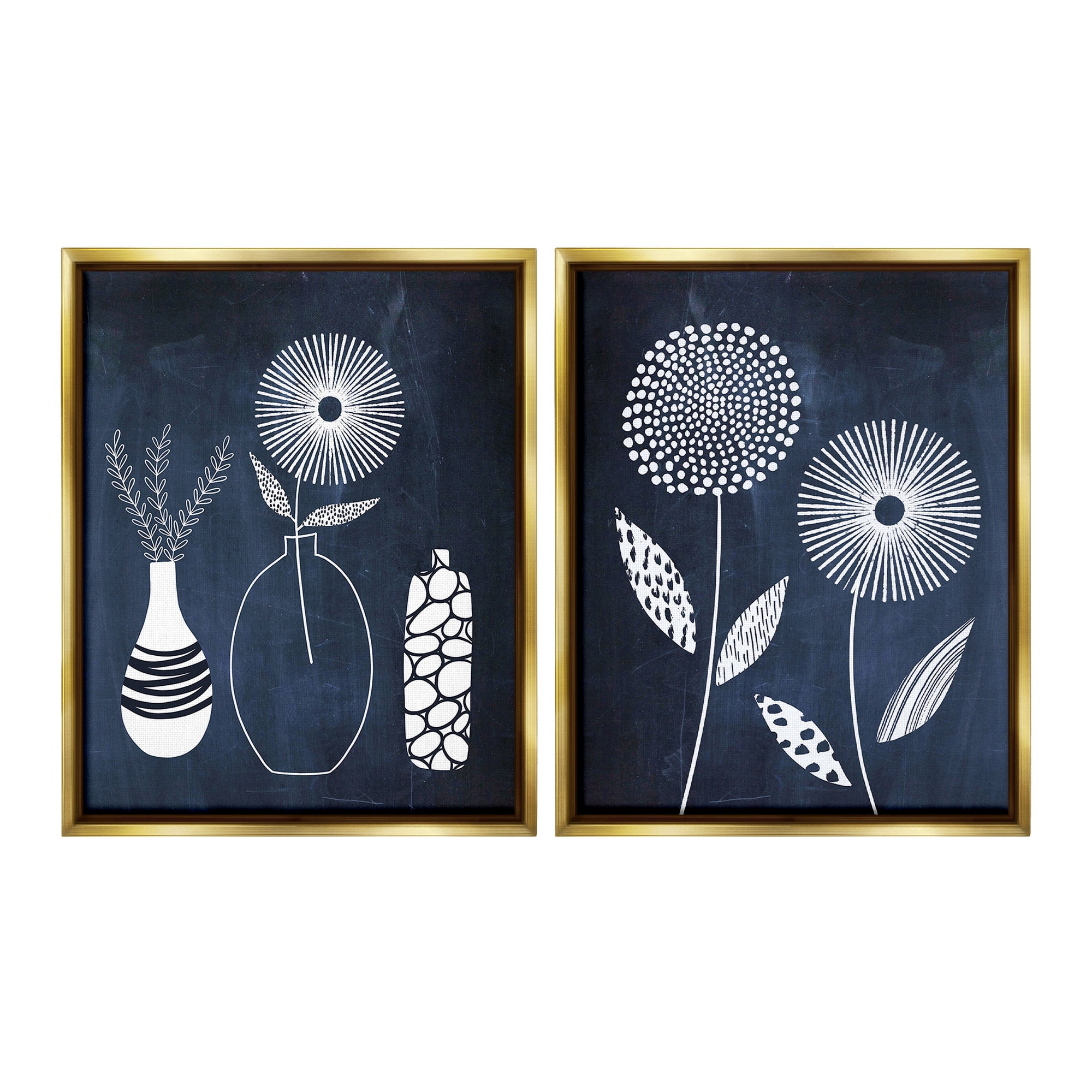 Stupell Industries Structured Flowers on Blue Botanical & Floral Painting Gold Floater Framed Canvas Art Print Wall Art, 17 x 21, Set of 2