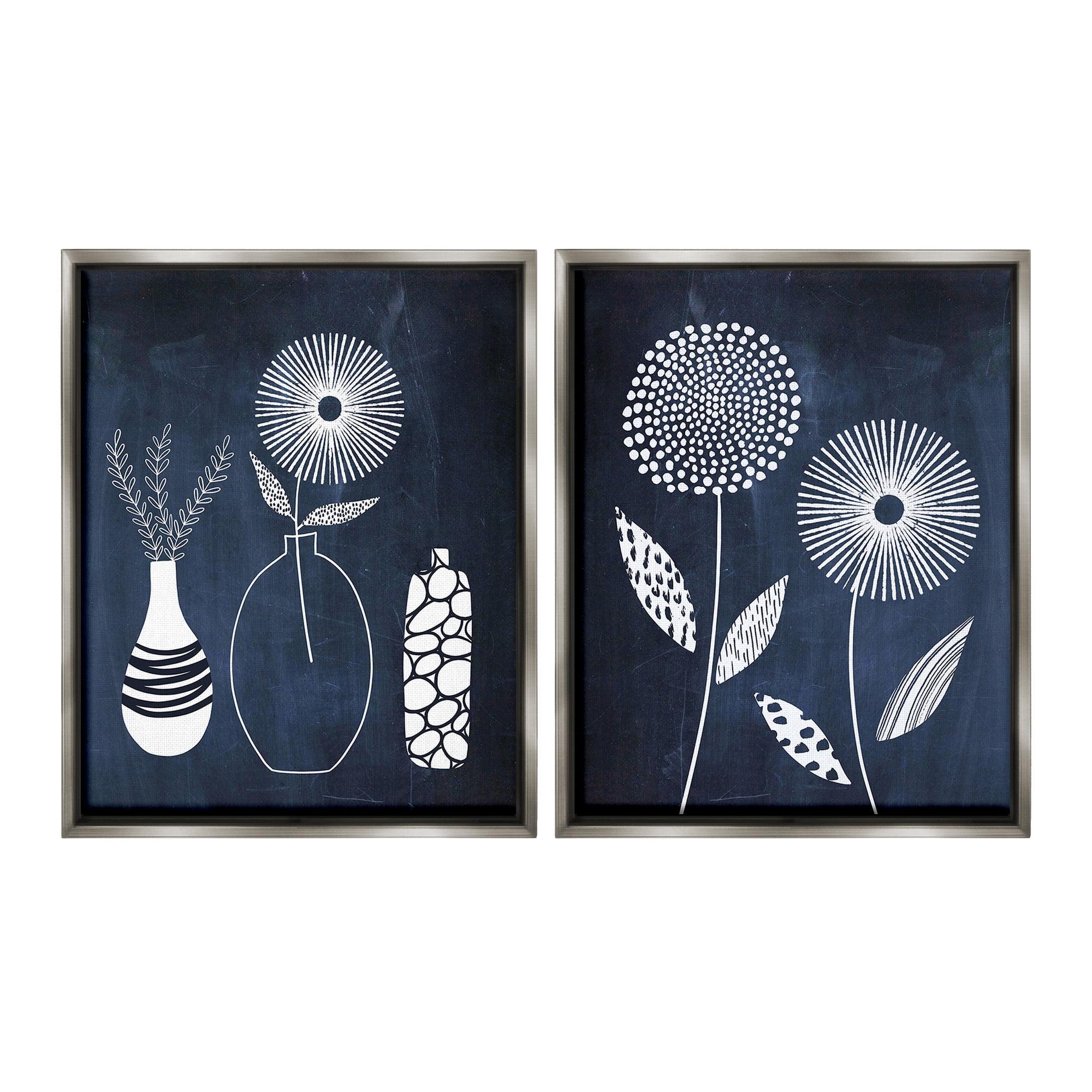 Stupell Industries Structured Flowers on Blue Botanical & Floral Painting Gray Floater Framed Canvas Art Print Wall Art, 17 x 21, Set of 2