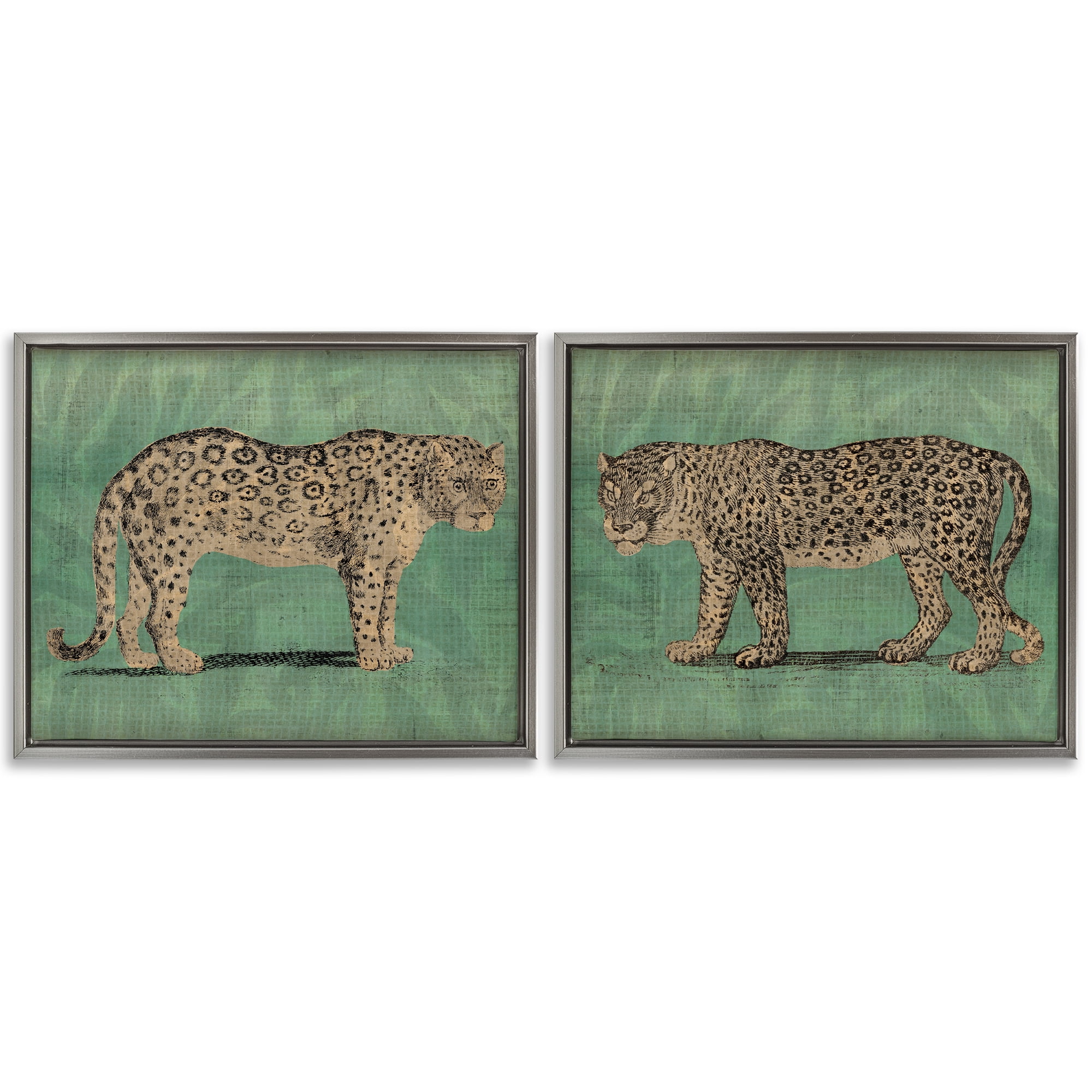 Stupell Industries Stunned Jaguar Hunting Animals Painting Gray Floater Framed Canvas Art Print Wall Art, 21 x 17, Set of 2