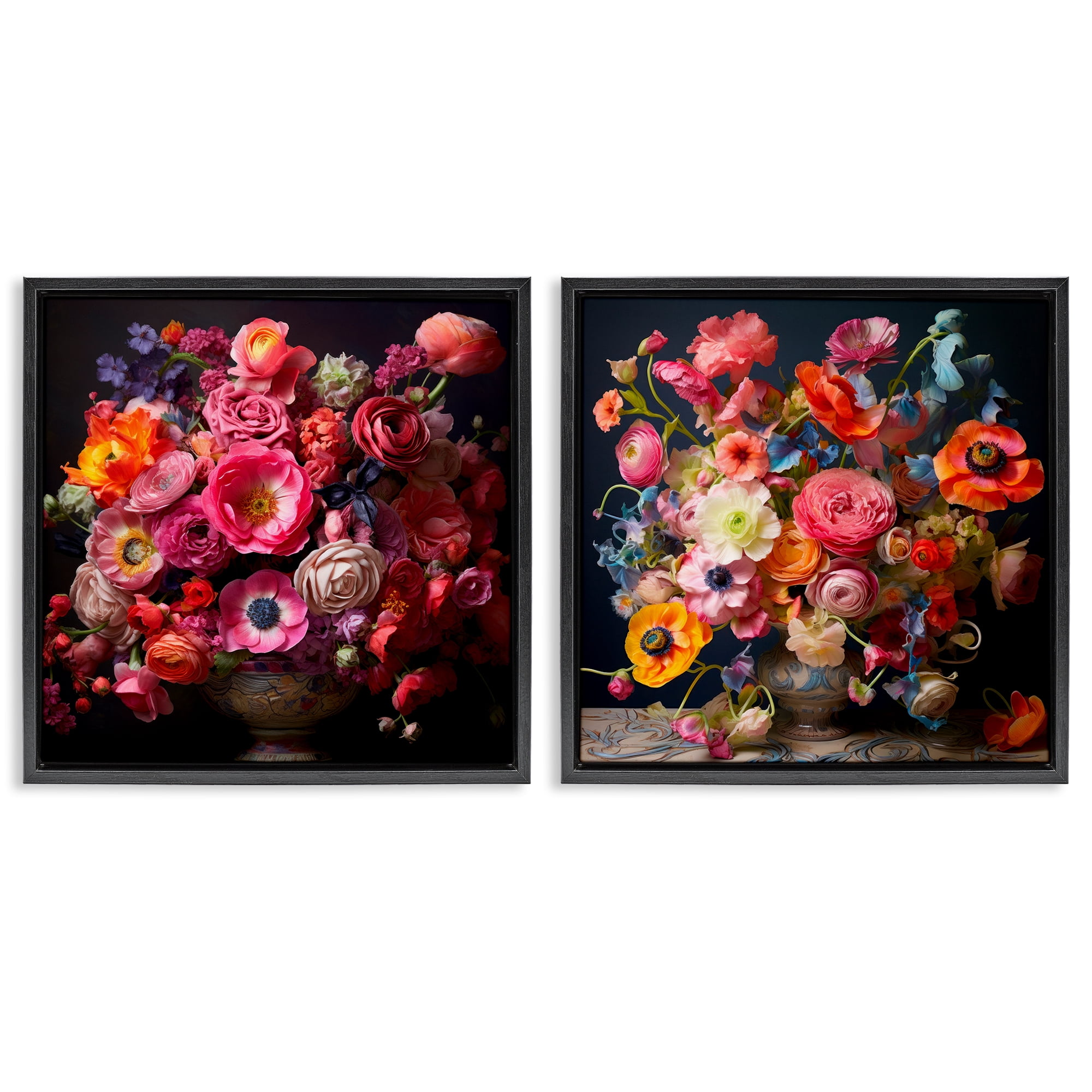 Stupell Industries Stunning Still Life Floral Arrangement Plants & Flowers Photography Black Floater Framed Canvas Art Print Wall Art, 18 x 18, Set of 2