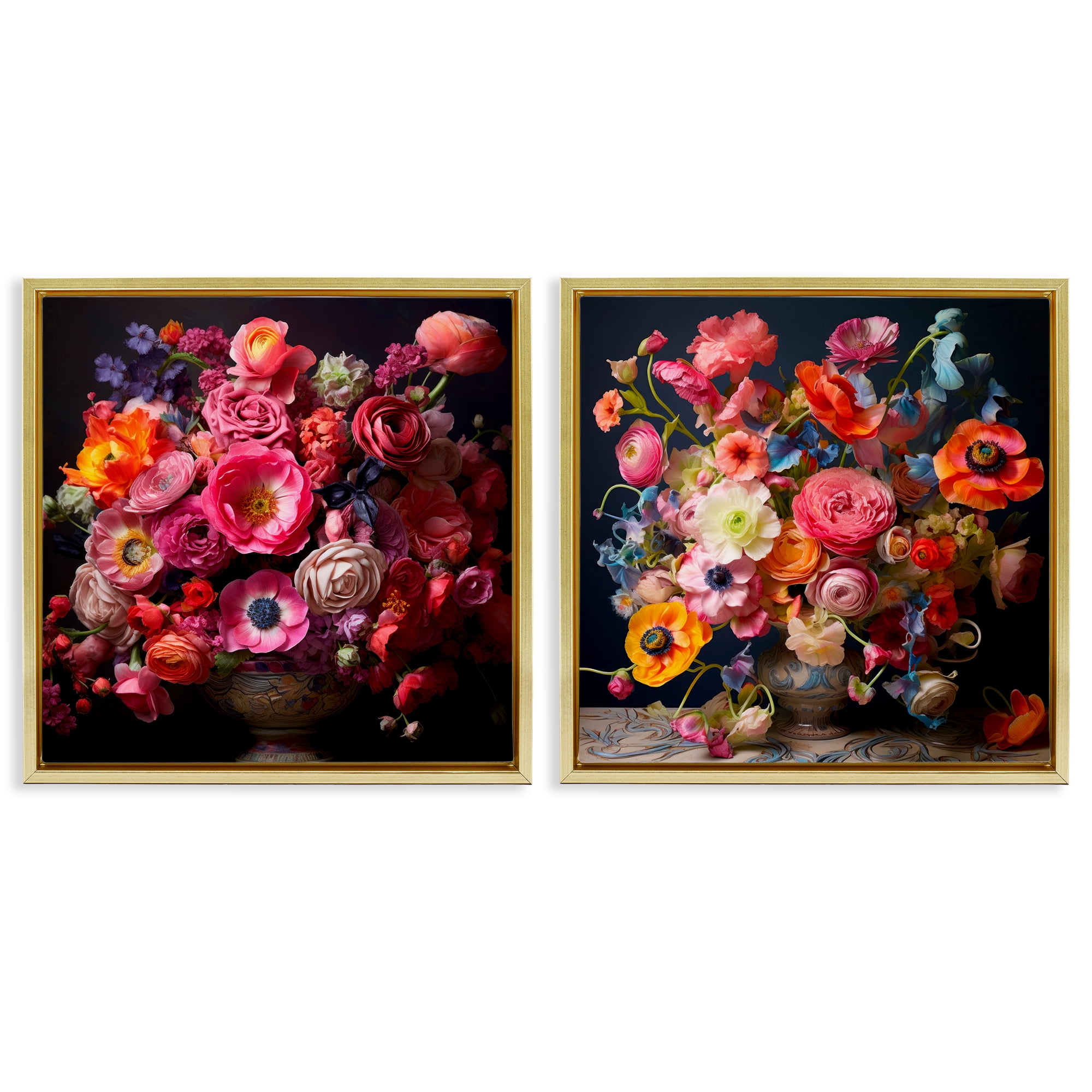 Stupell Industries Stunning Still Life Floral Arrangement Plants & Flowers Photography Gold Floater Framed Canvas Art Print Wall Art, 18 x 18, Set of 2