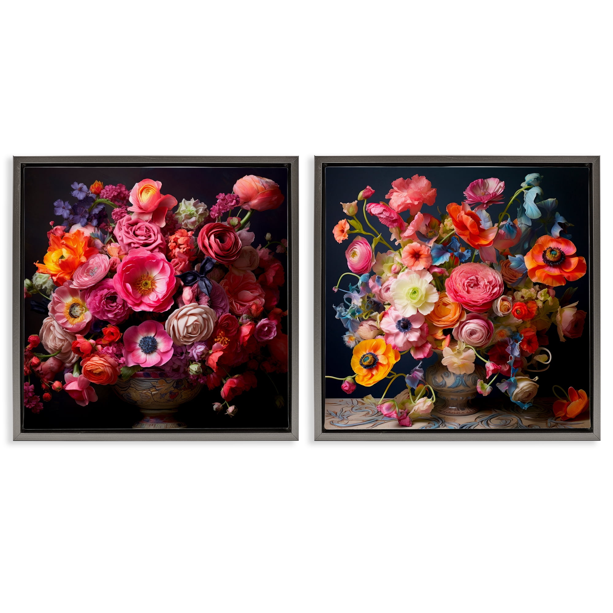 Stupell Industries Stunning Still Life Floral Arrangement Plants & Flowers Photography Gray Floater Framed Canvas Art Print Wall Art, 25 x 25, Set of 2