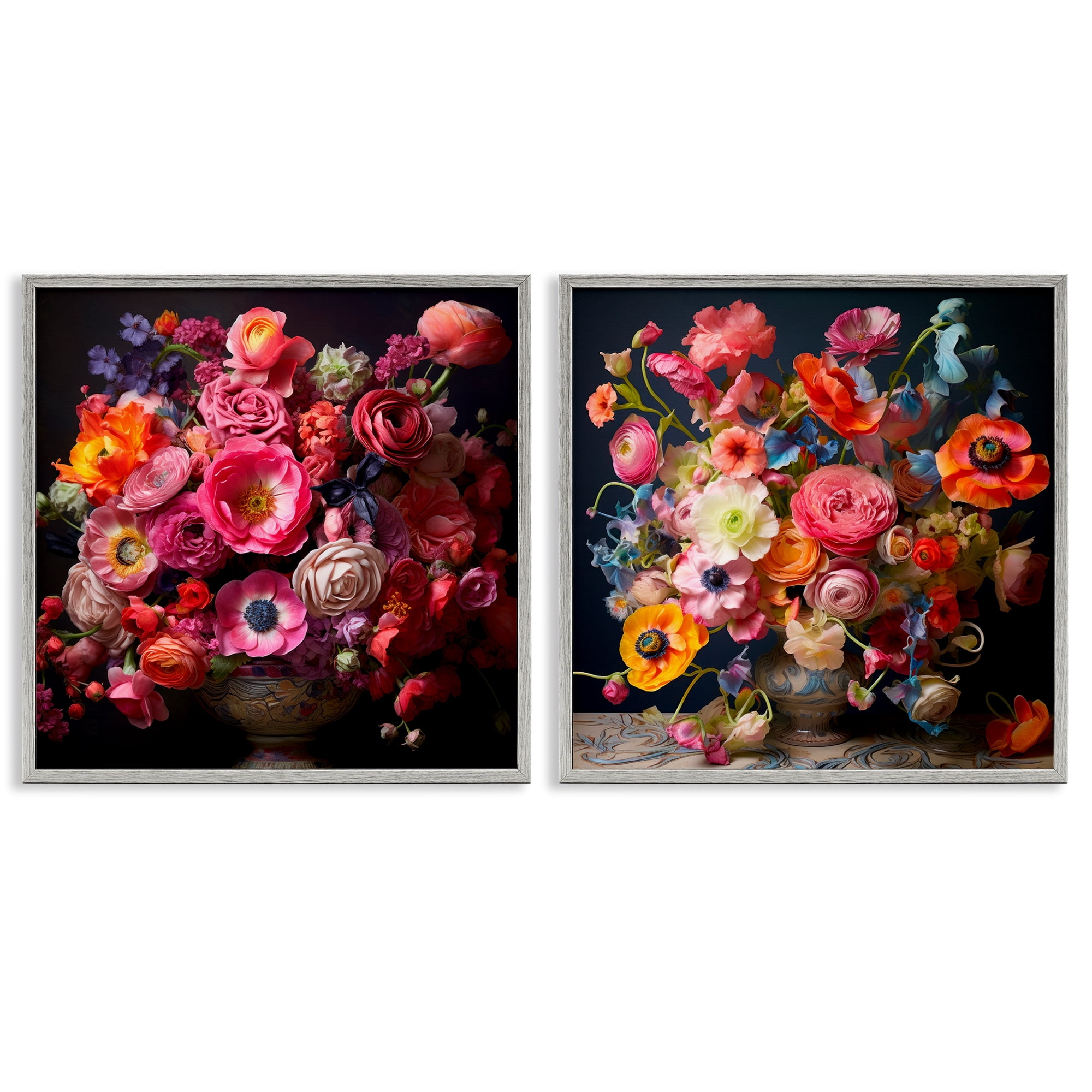Stupell Industries Stunning Still Life Floral Arrangement Plants & Flowers Photography Gray Framed Art Print Wall Art, 17 x 17, Set of 2