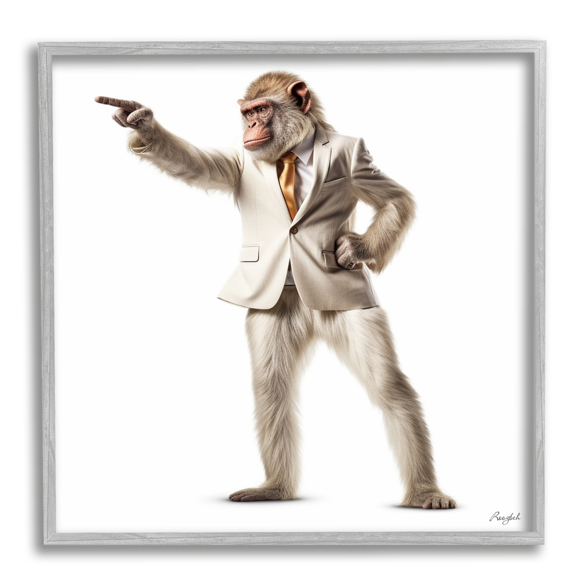 Stupell Industries Stylish Ape in Suit Animals & Insects Painting Gray Framed Art Print Wall Art, 24 x 24