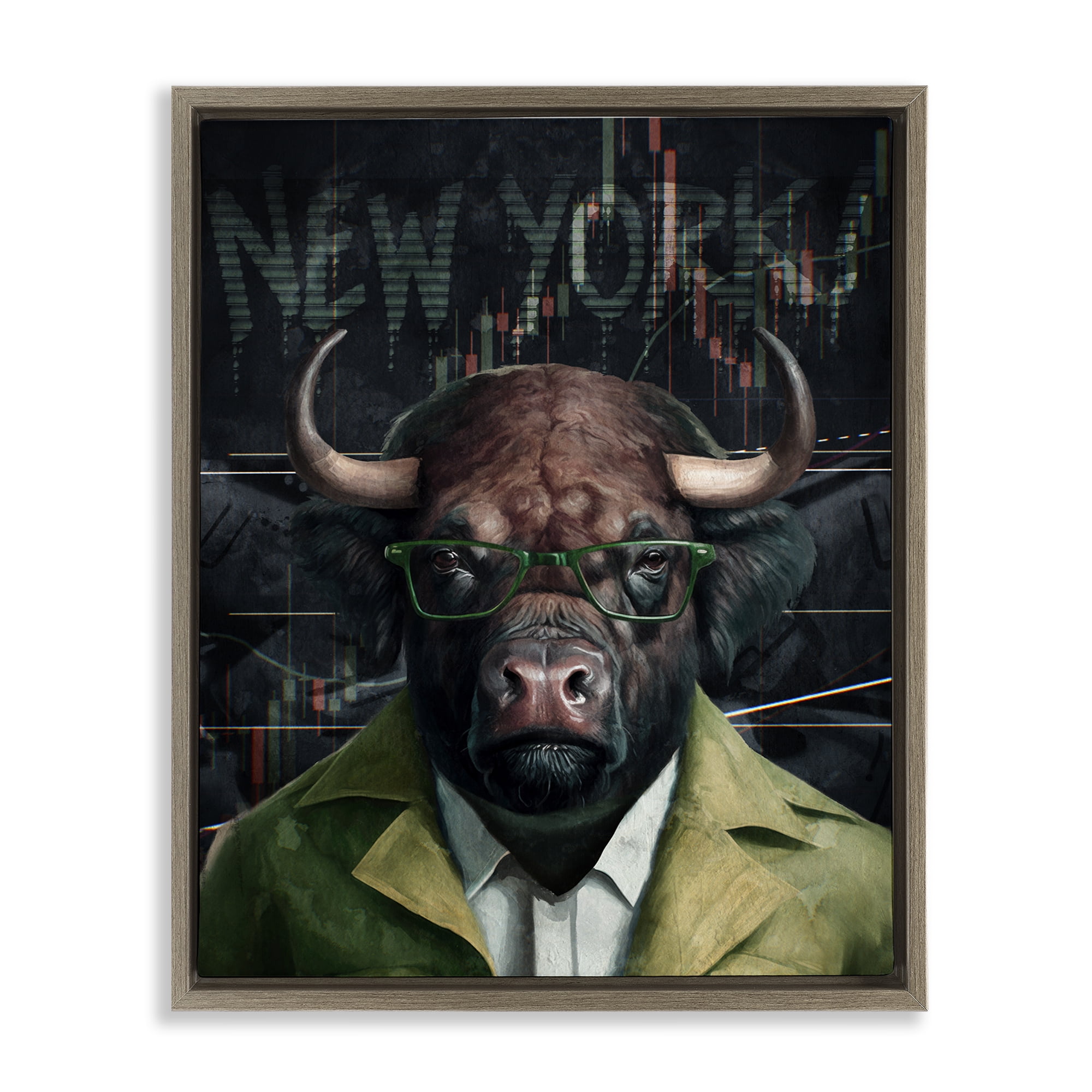 Stupell Industries Stylish Bull New York Animals Painting Brown Floater Framed Canvas Art Print Wall Art, 25 x 31