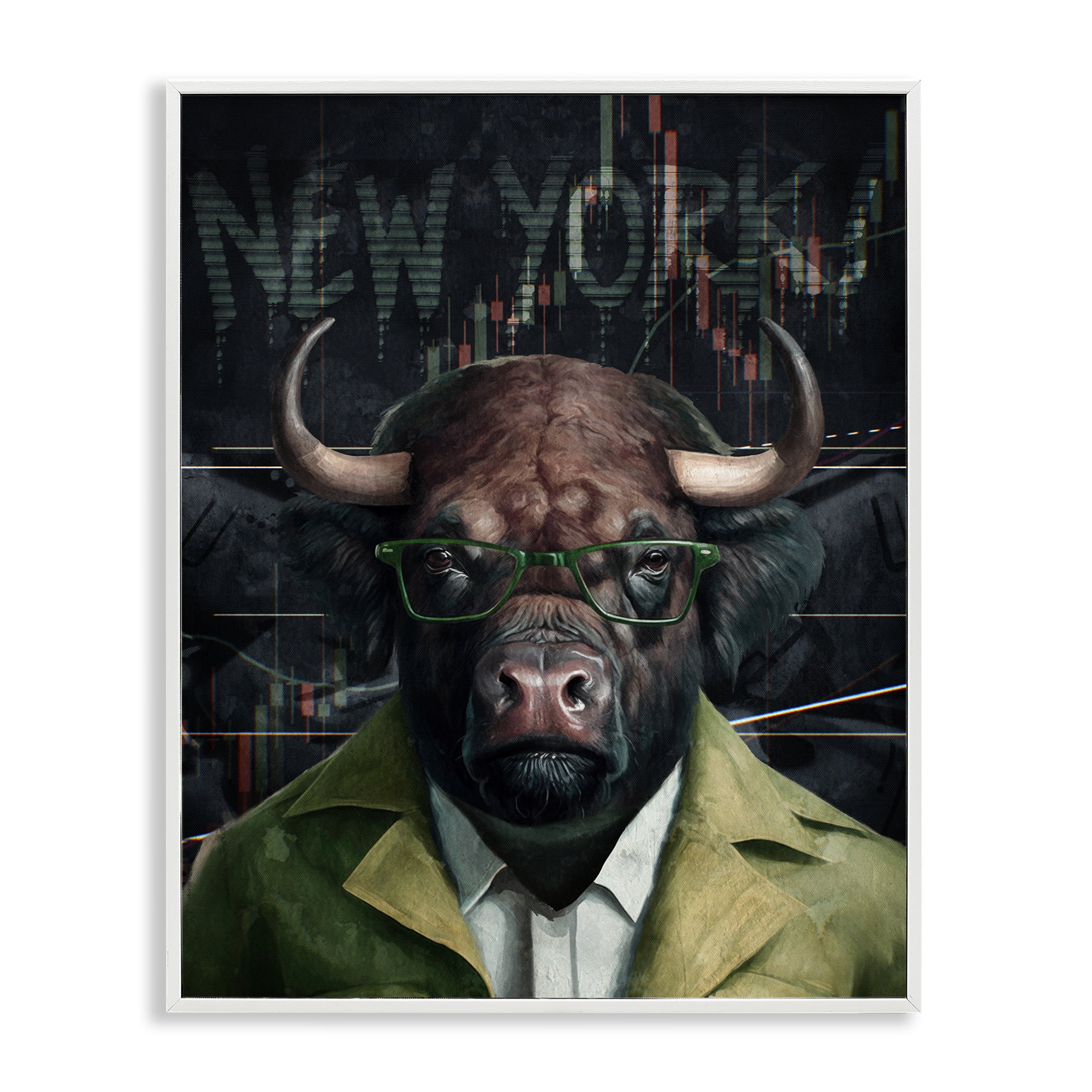 Stupell Industries Stylish Bull New York Animals Painting White Framed Art Print Wall Art, 16 x 20