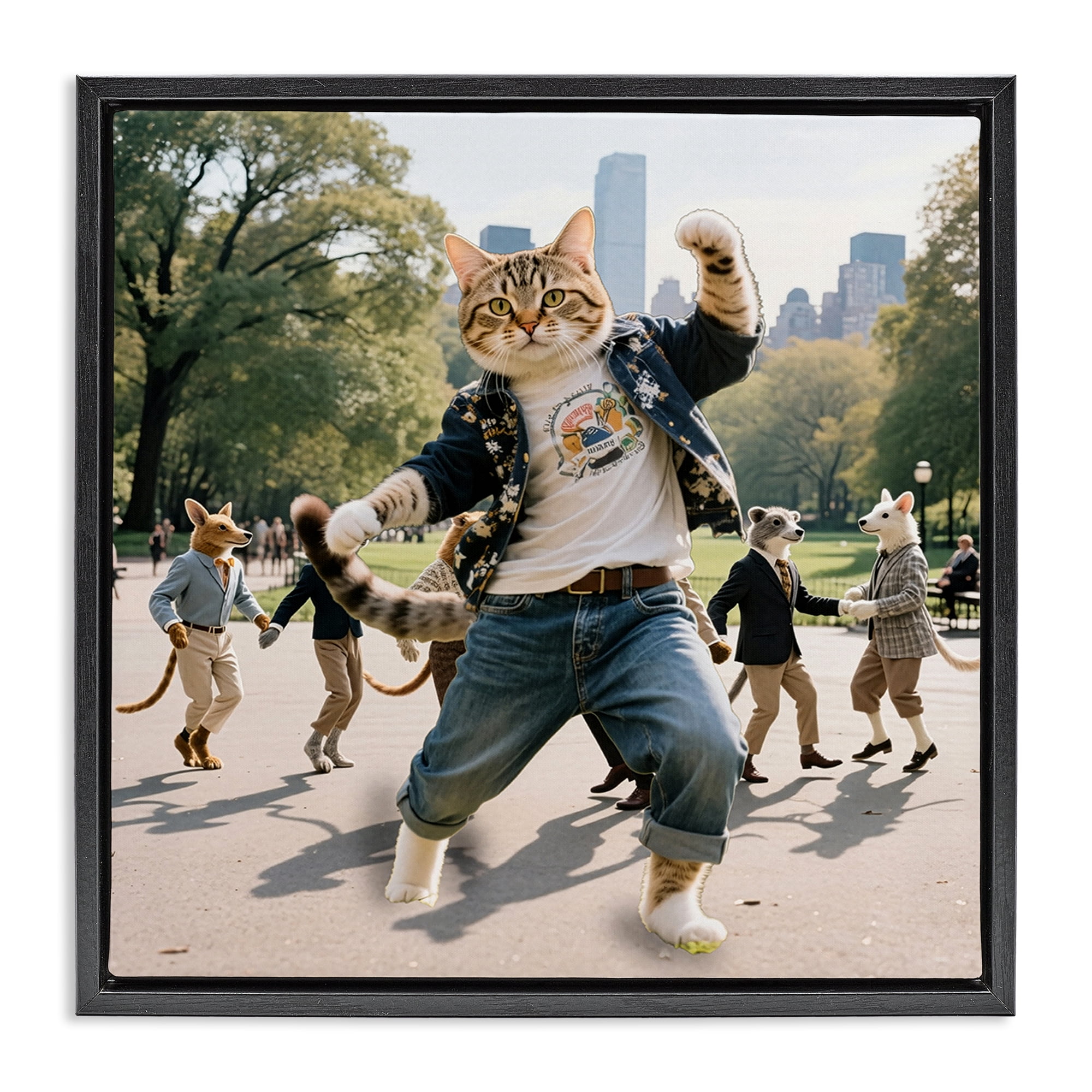 Stupell Industries Stylish Cat Dancing in Park Black Framed Floater Canvas Wall Art, design by CAD Designs