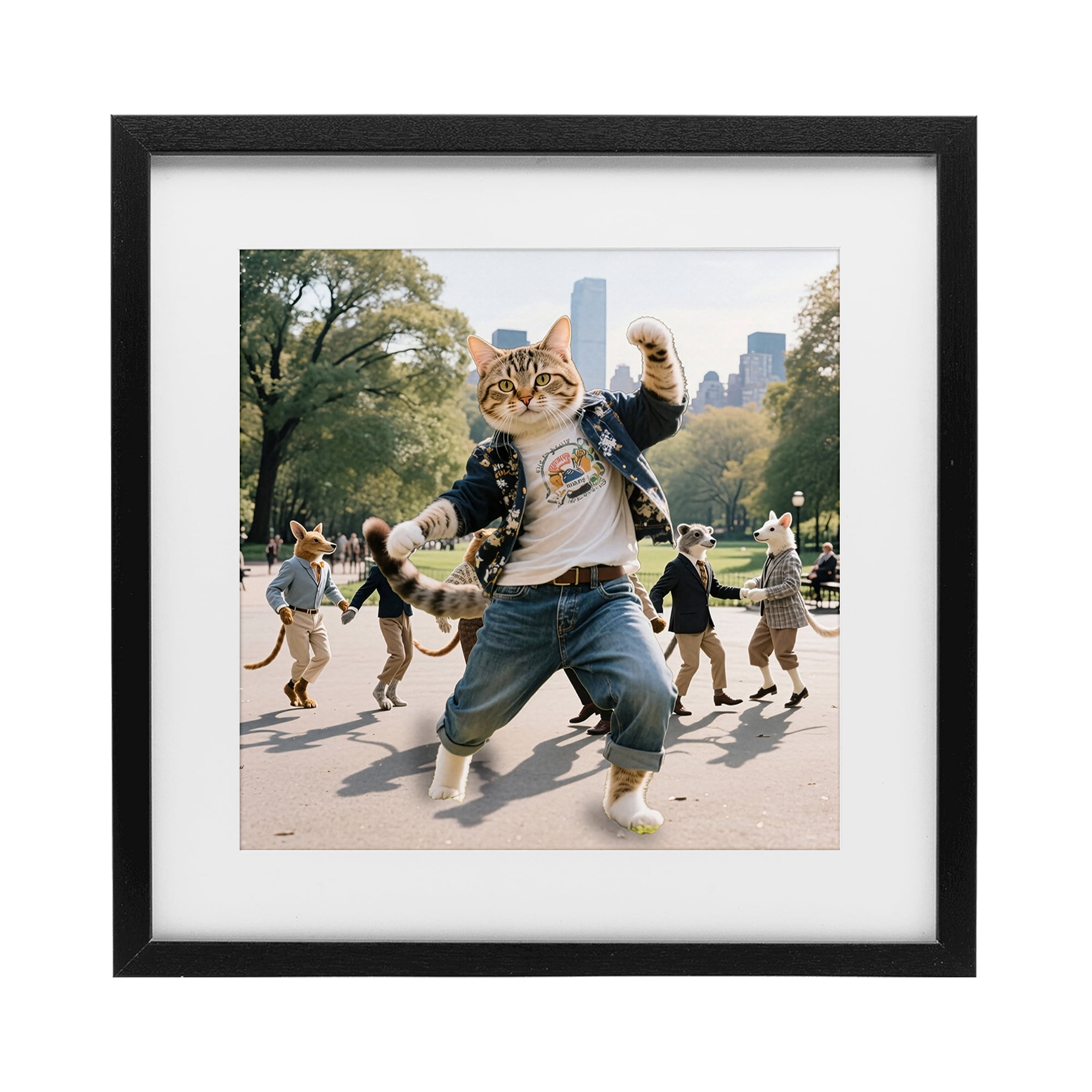 Stupell Industries Stylish Cat Dancing in Park Black Framed Print Under Glass, design by CAD Designs