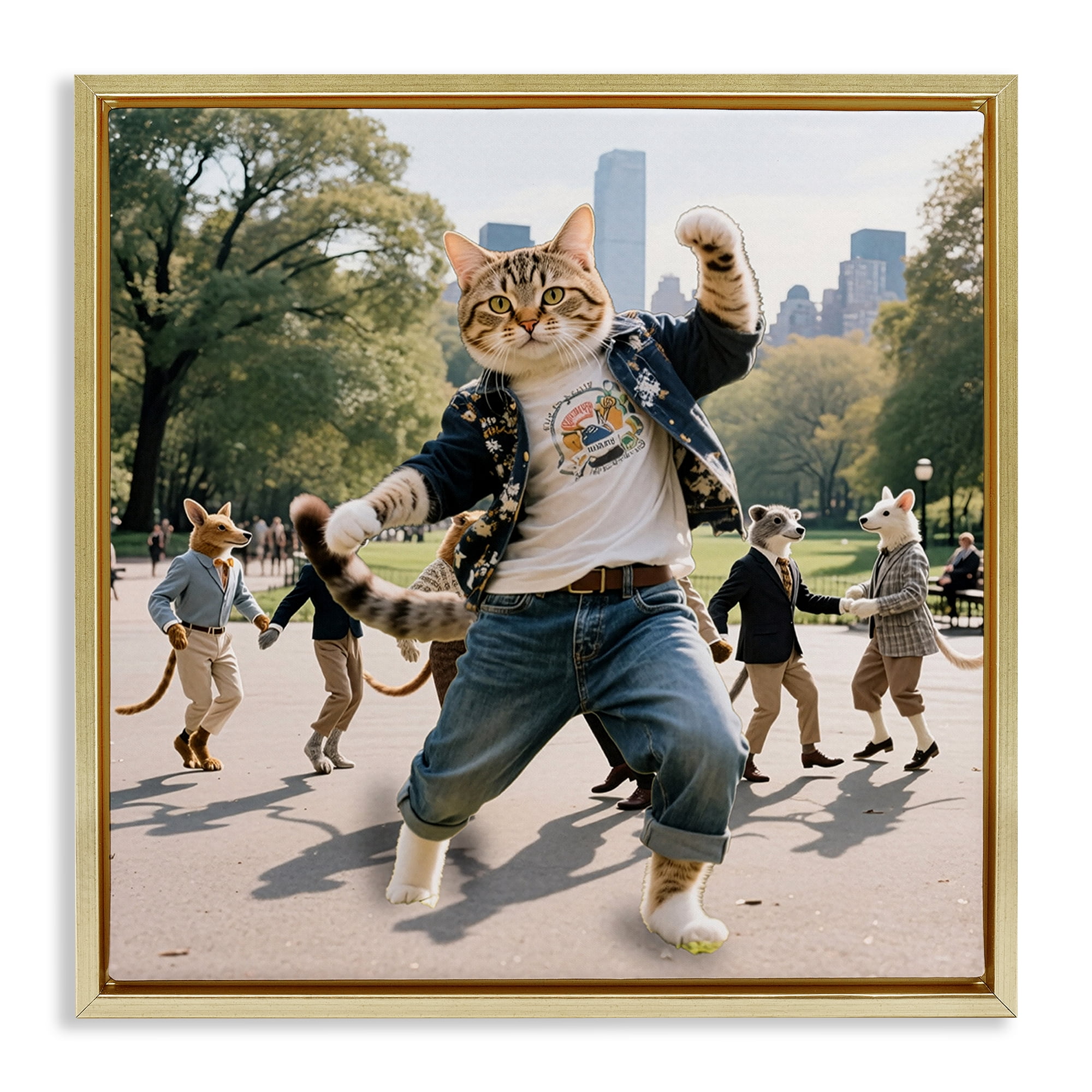 Stupell Industries Stylish Cat Dancing in Park Gold Framed Floater Canvas Wall Art, design by CAD Designs