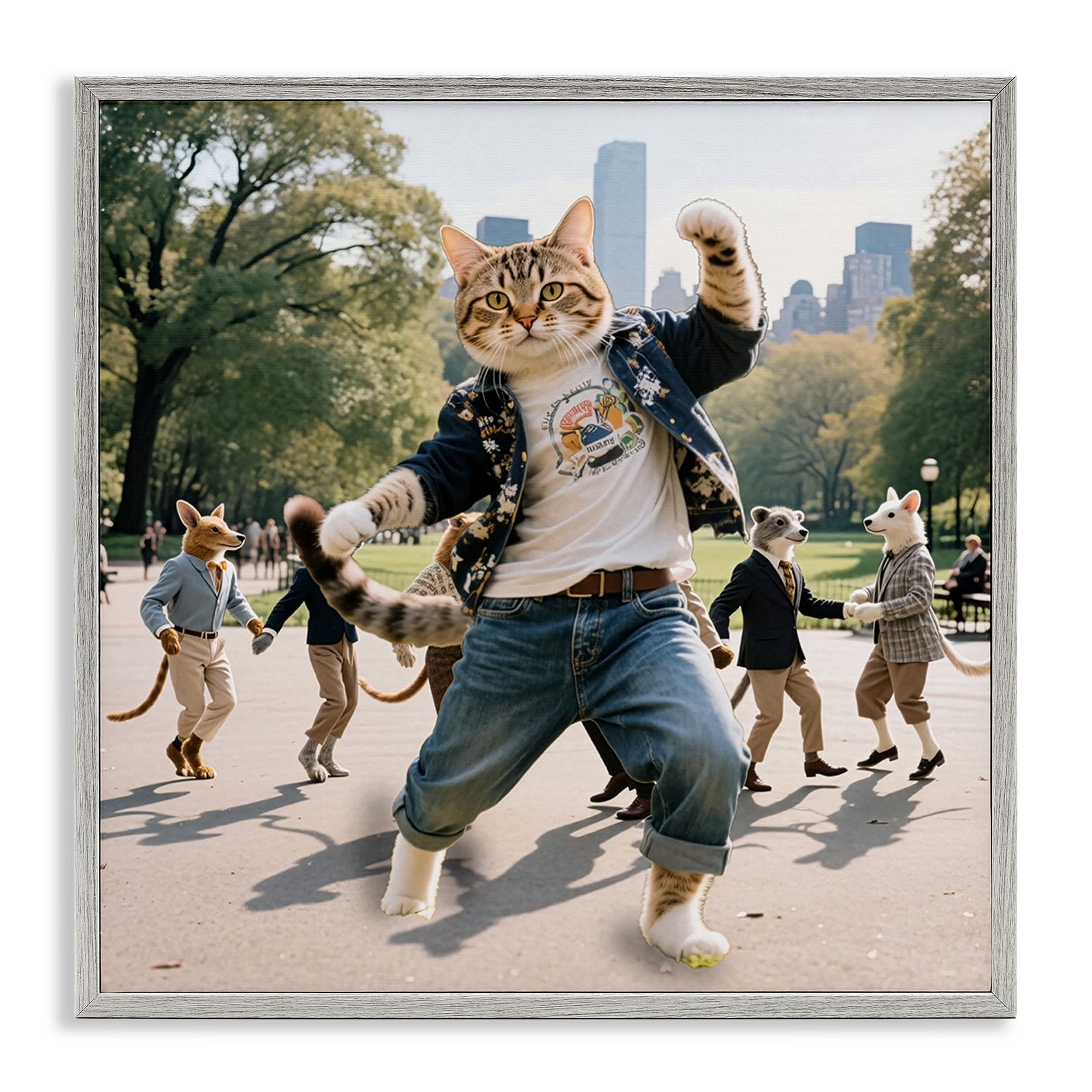 Stupell Industries Stylish Cat Dancing in Park Gray Framed Giclee Art, design by CAD Designs