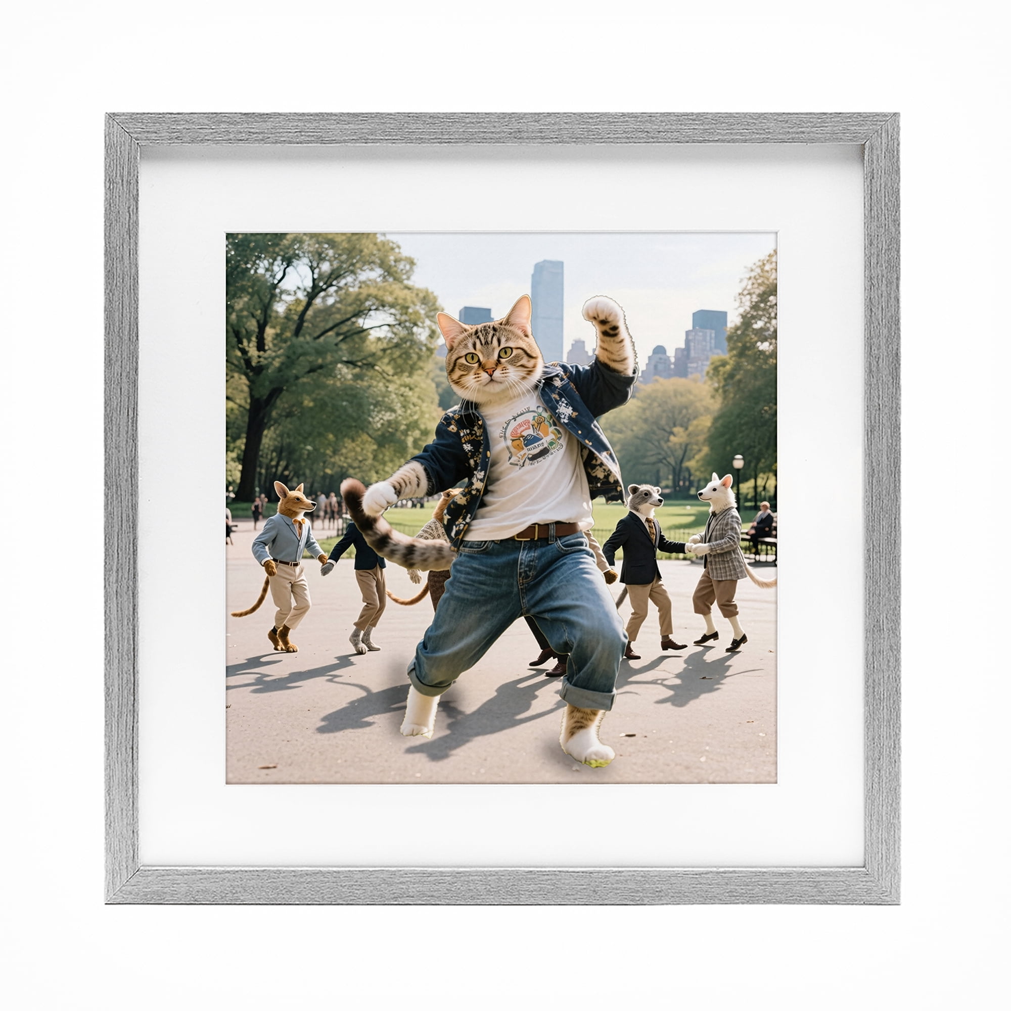 Stupell Industries Stylish Cat Dancing in Park Gray Framed Print Under Glass, design by CAD Designs