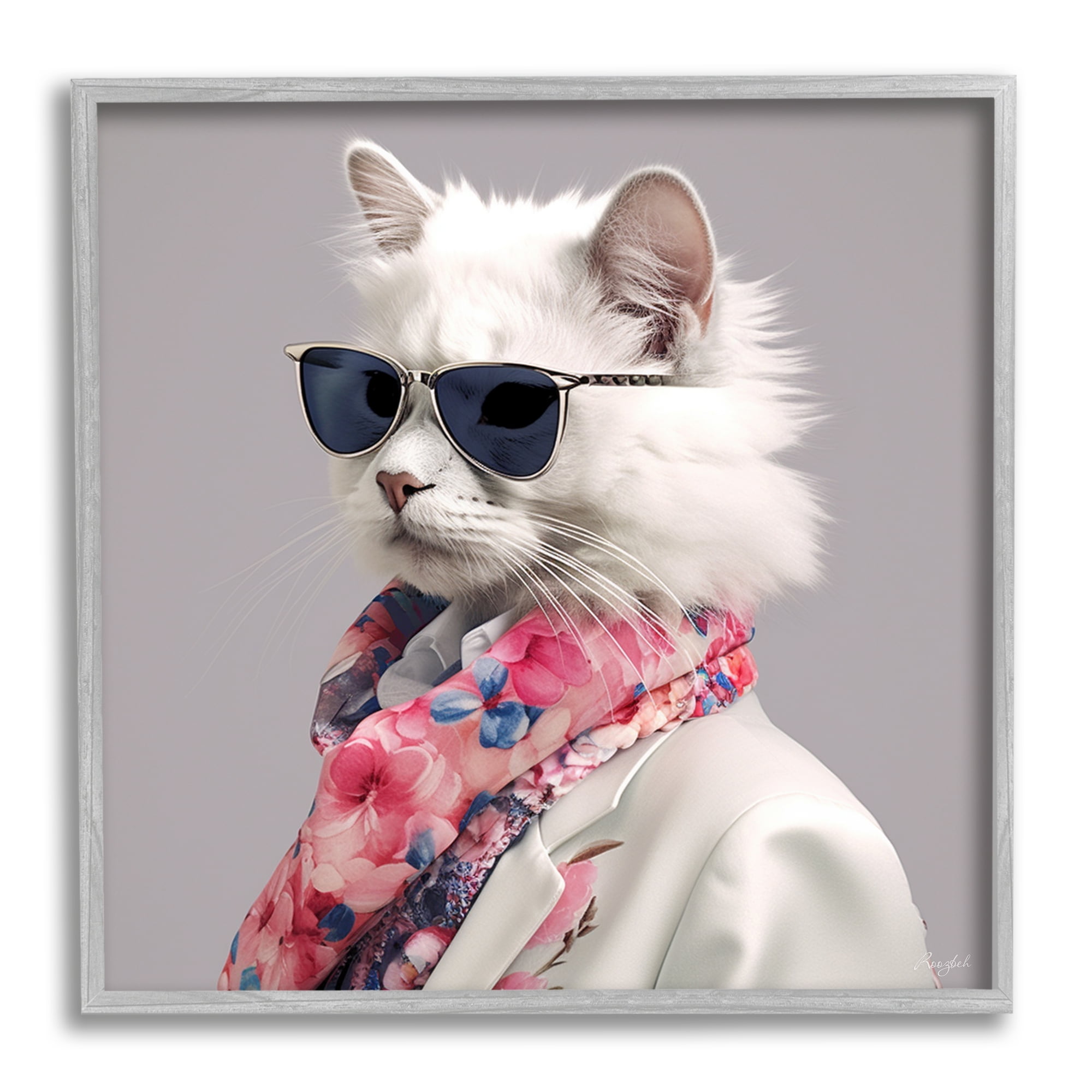 Stupell Industries Stylish Cat Fashion Animals & Insects Painting Gray Framed Art Print Wall Art, 12 x 12