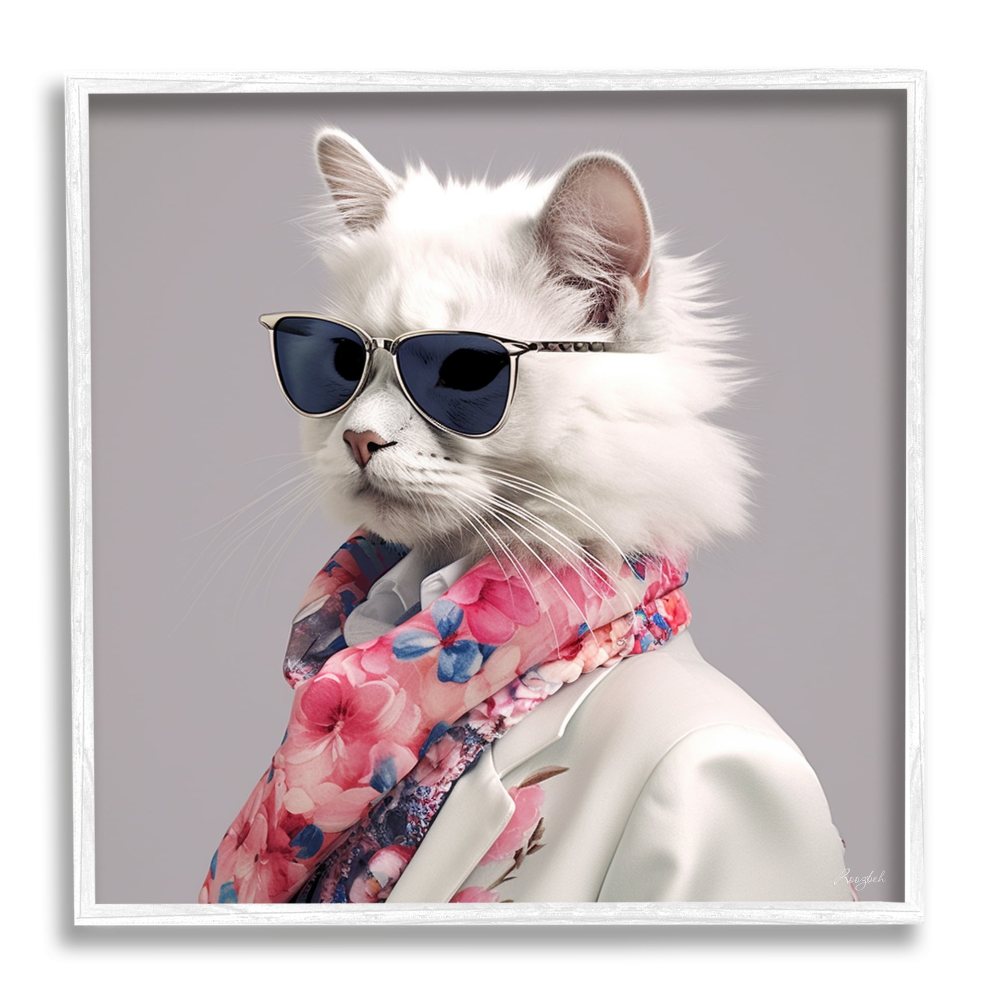 Stupell Industries Stylish Cat Fashion Animals & Insects Painting White Framed Art Print Wall Art, 17 x 17