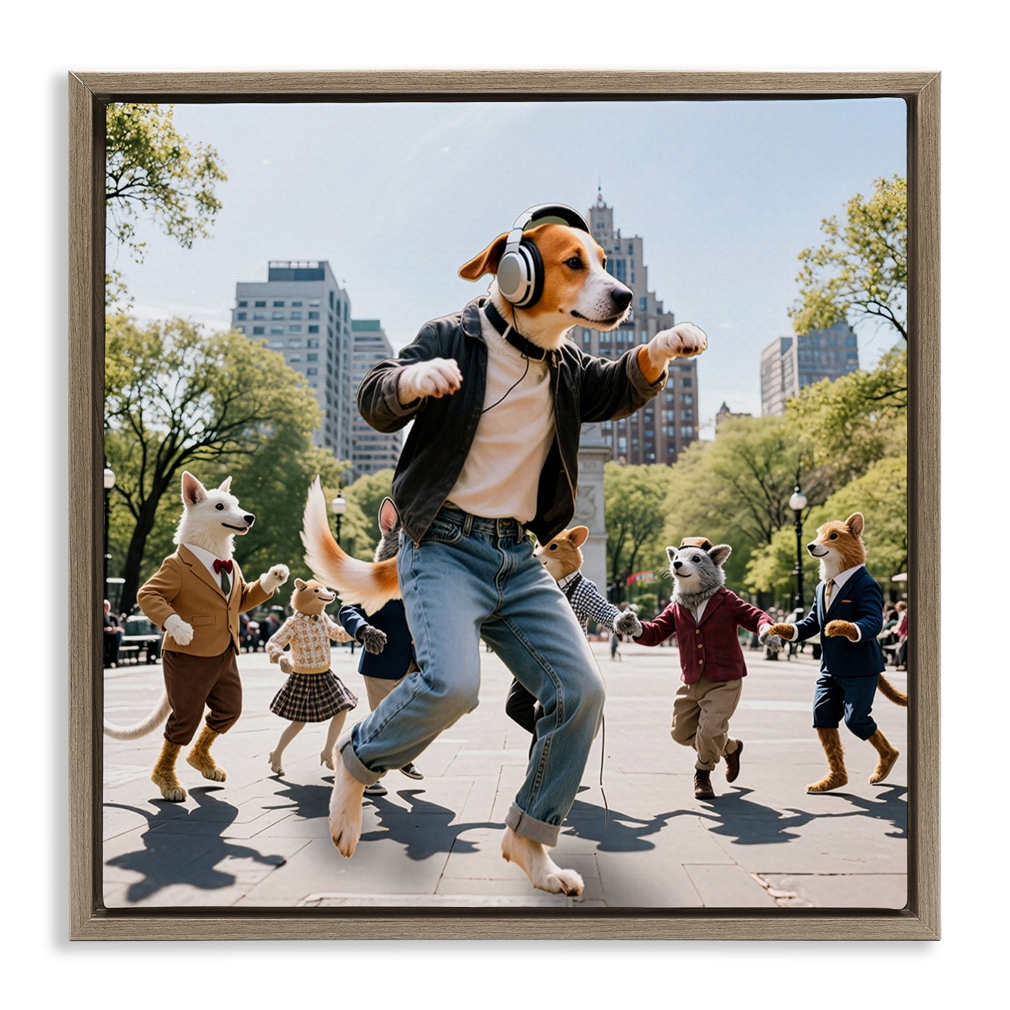 Stupell Industries Stylish Dog Dancing in Park Brown Framed Floater Canvas Wall Art, design by CAD Designs