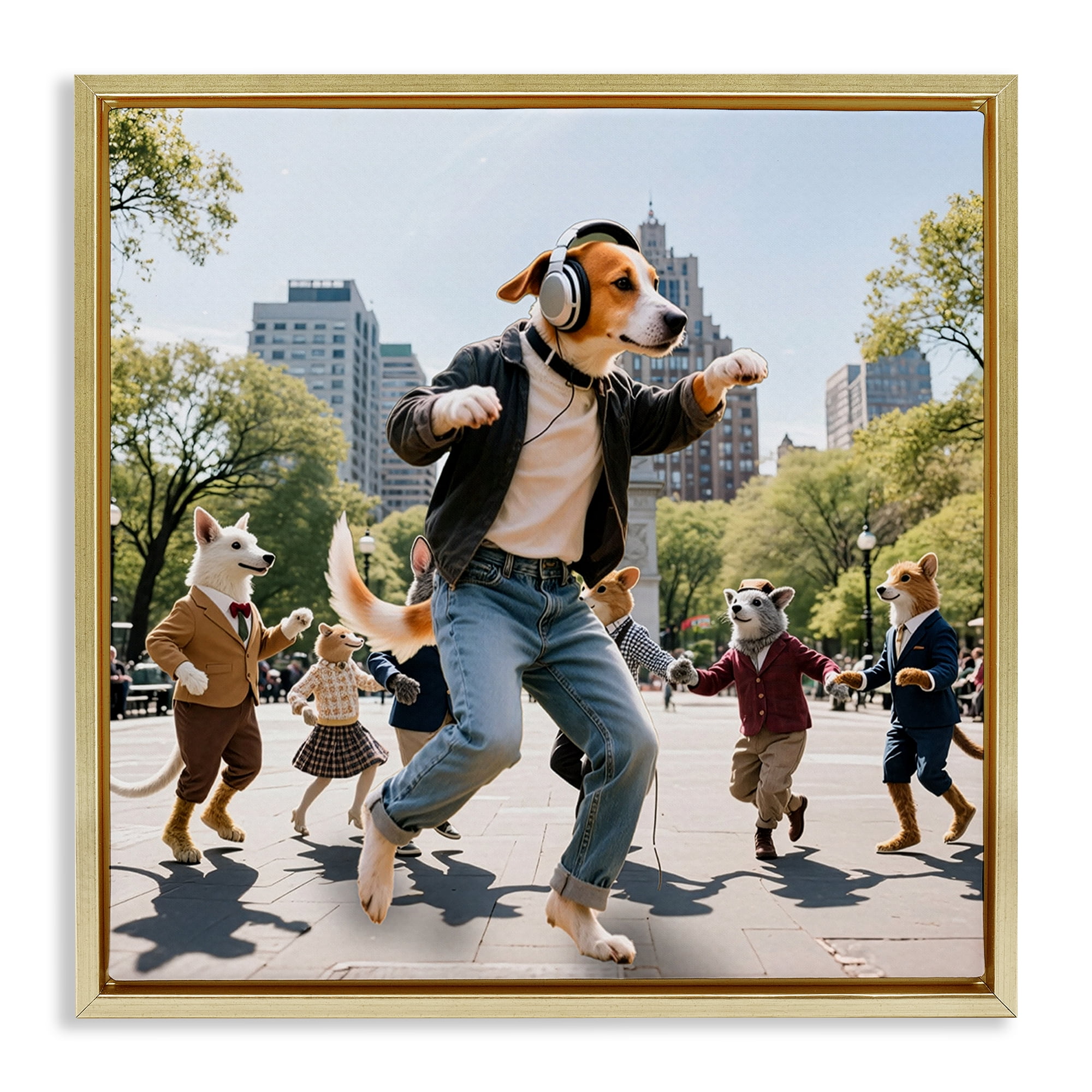 Stupell Industries Stylish Dog Dancing in Park Gold Framed Floater Canvas Wall Art, design by CAD Designs