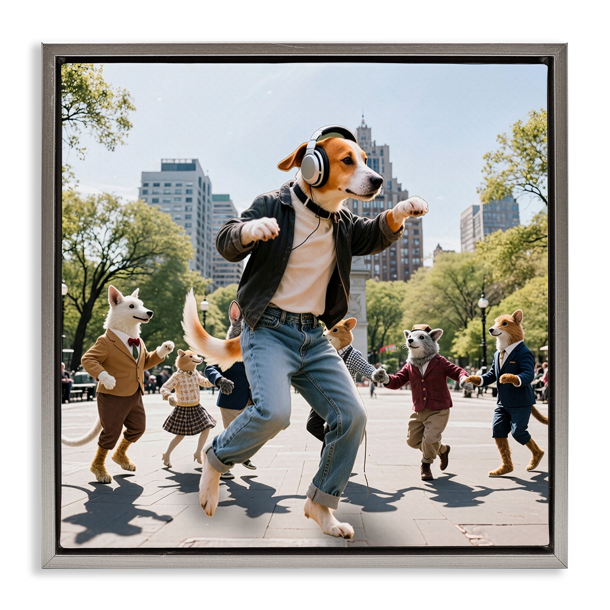 Stupell Industries Stylish Dog Dancing in Park Gray Framed Floater Canvas Wall Art, design by CAD Designs