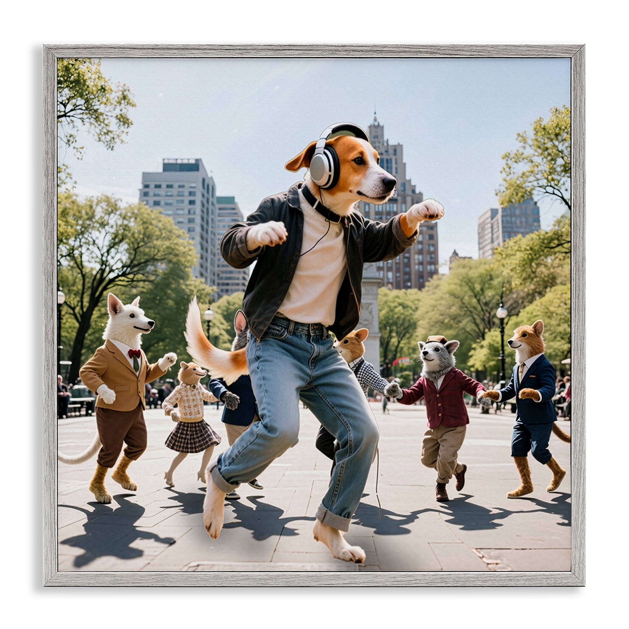 Stupell Industries Stylish Dog Dancing in Park Gray Framed Giclee Art, design by CAD Designs