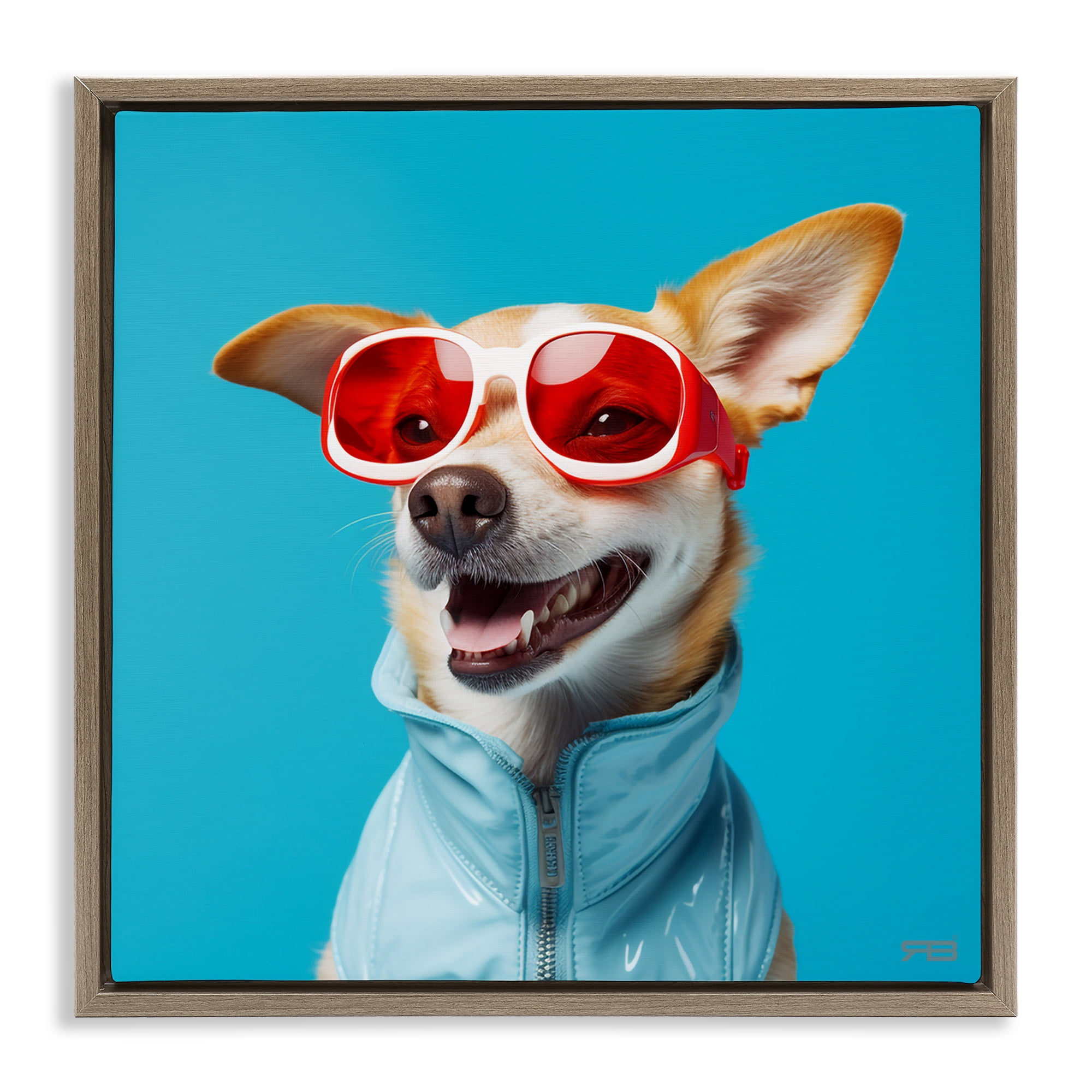 Stupell Industries Stylish Dog on Blue Animals & Insects Painting Brown Floater Framed Canvas Art Print Wall Art, 25 x 25