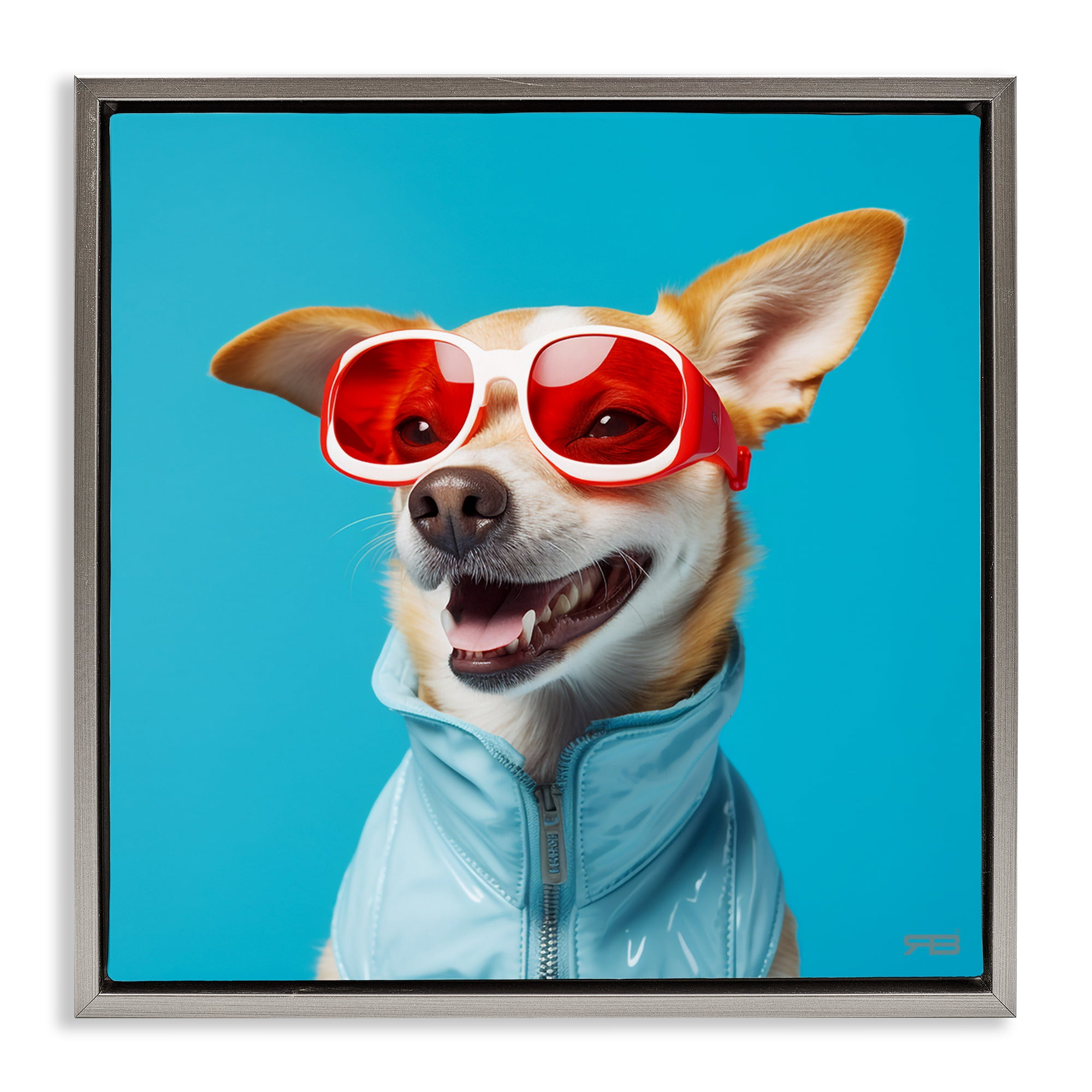 Stupell Industries Stylish Dog on Blue Animals & Insects Painting Gray Floater Framed Canvas Art Print Wall Art, 25 x 25