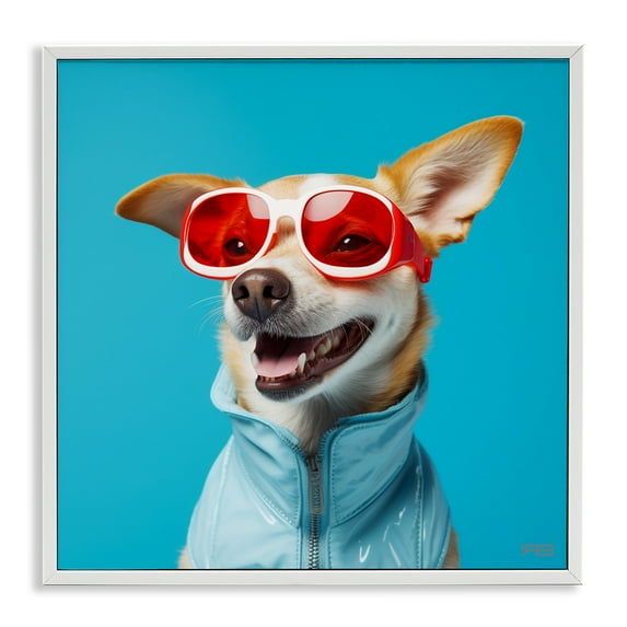 Stupell Industries Stylish Dog on Blue Animals & Insects Painting White Framed Art Print Wall Art, 12 x 12