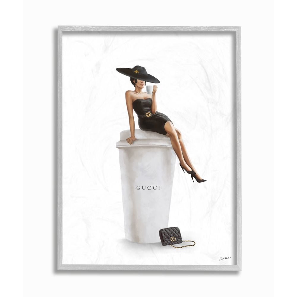 Stupell Industries Stylish Fashion Female Pose Coffee Designer Purse Framed Wall Art Design by Ziwei Li, 11" x 14", Gray Framed