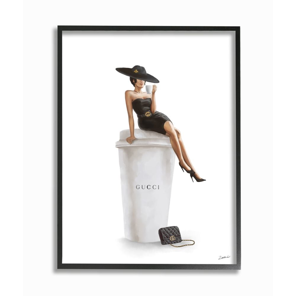 Stupell Industries Stylish Fashion Female Pose Coffee Designer Purse Framed Wall Art Design by Ziwei Li, 16" x 20", Black Framed
