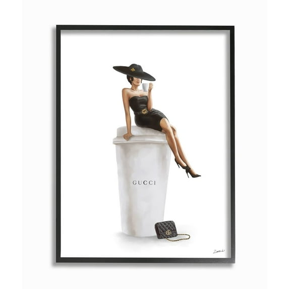 Stupell Industries Stylish Fashion Female Pose Coffee Designer Purse Framed Wall Art Design by Ziwei Li, 16" x 20", Black Framed