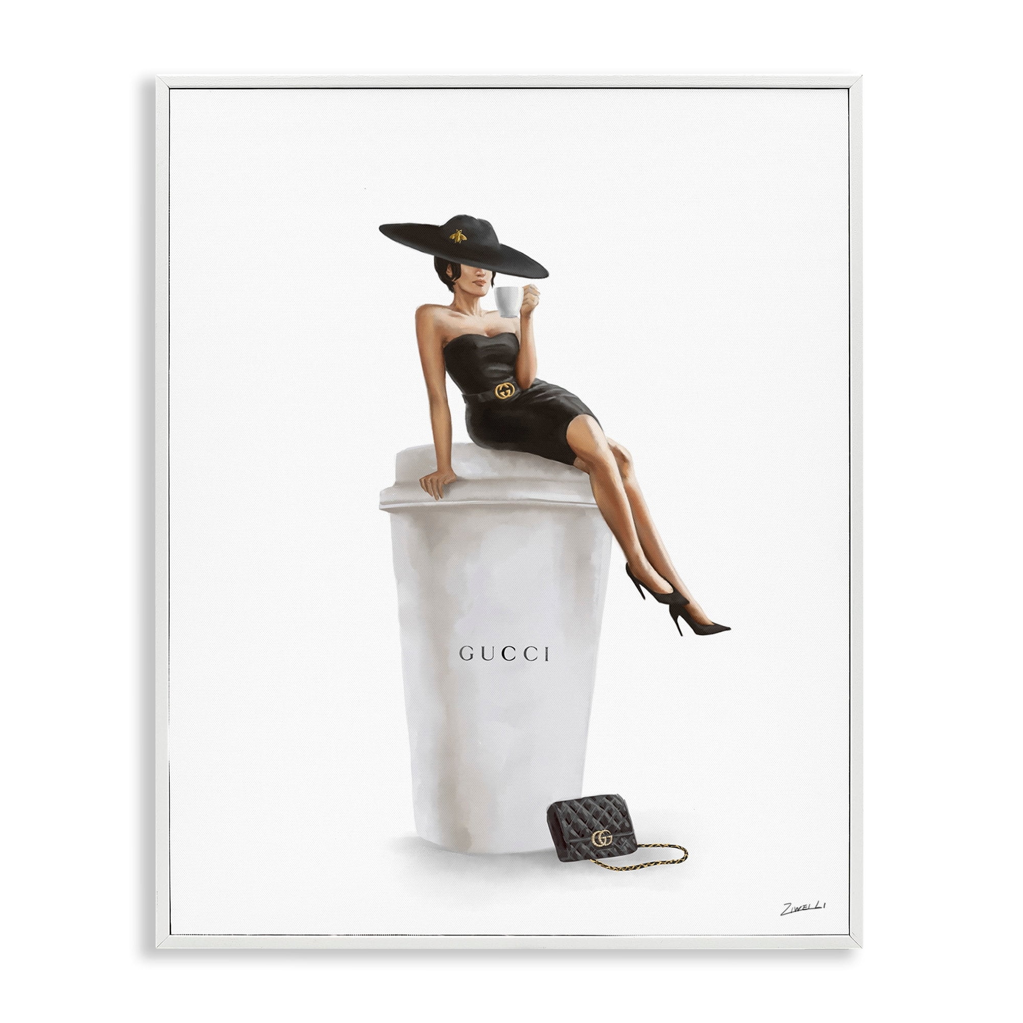 Stupell Industries Stylish Fashion Female Pose Coffee Designer Purse Graphic Art White Framed Art Print Wall Art, 24x30, by Ziwei Li