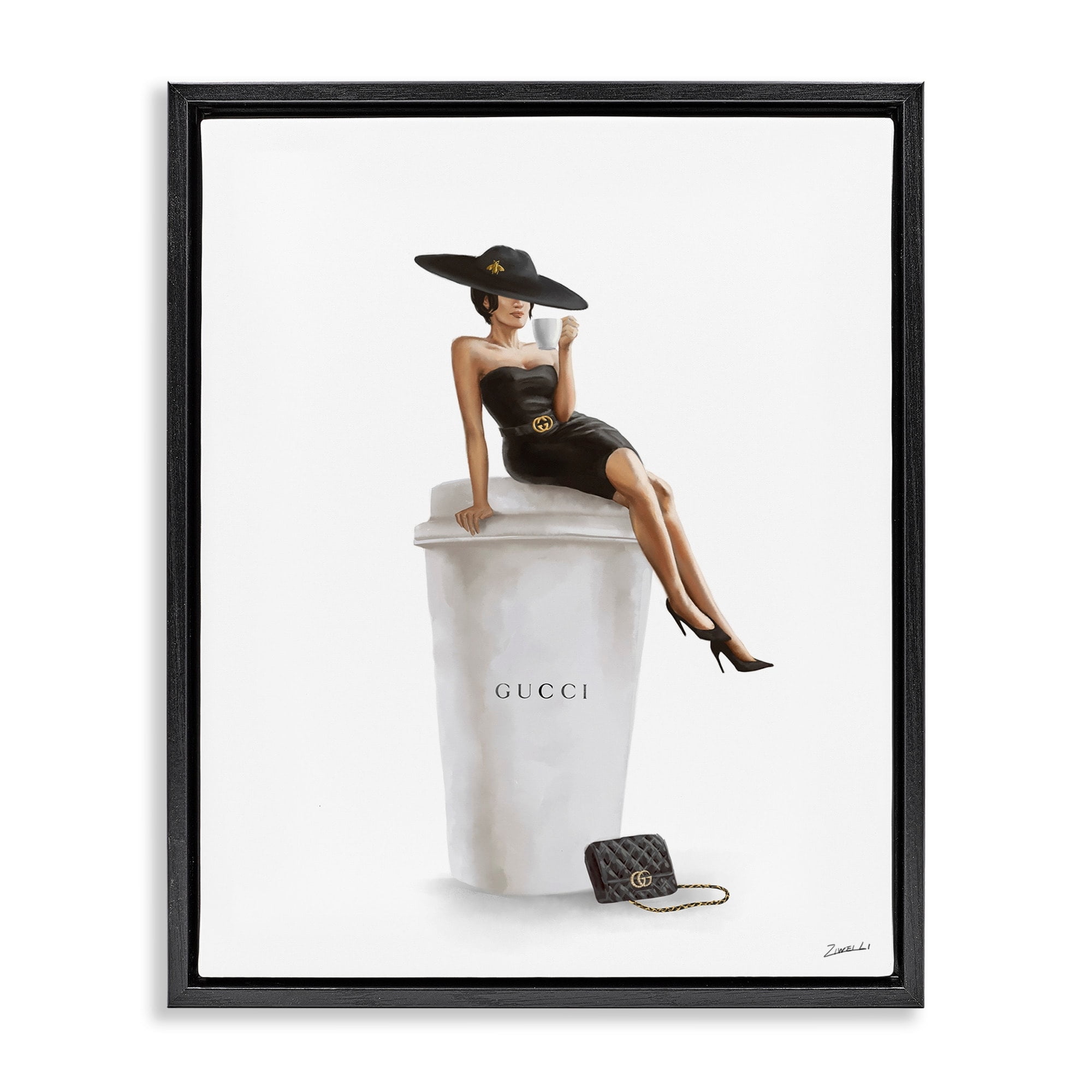 Stupell Industries Stylish Fashion Female Pose Coffee Designer Purse Jet Black Framed Floating Canvas Wall Art, 24x30, by Ziwei Li