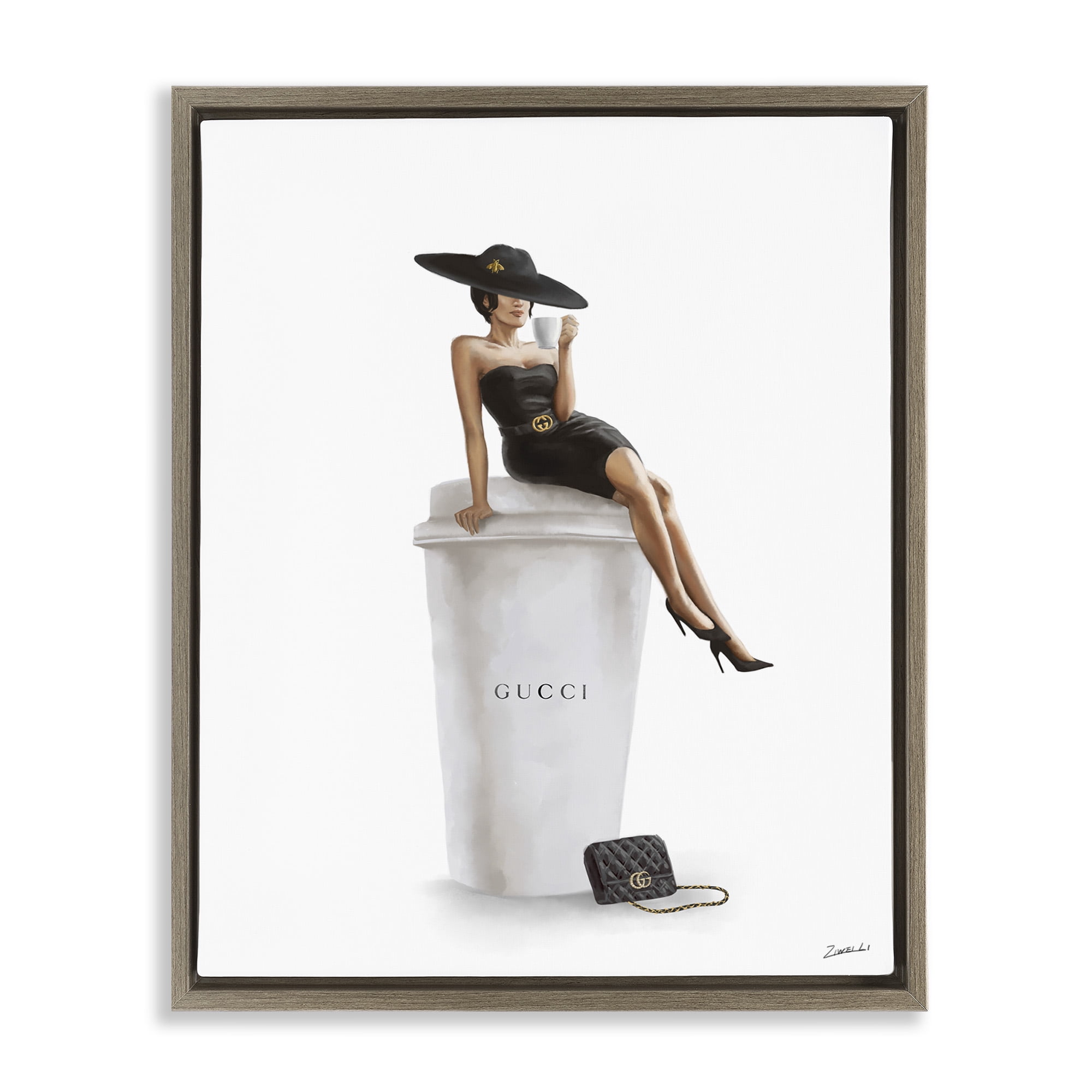 Stupell Industries Stylish Fashion Female Pose Coffee Food & Beverage Painting Brown Floater Framed Canvas Art Print Wall Art, 17 x 21