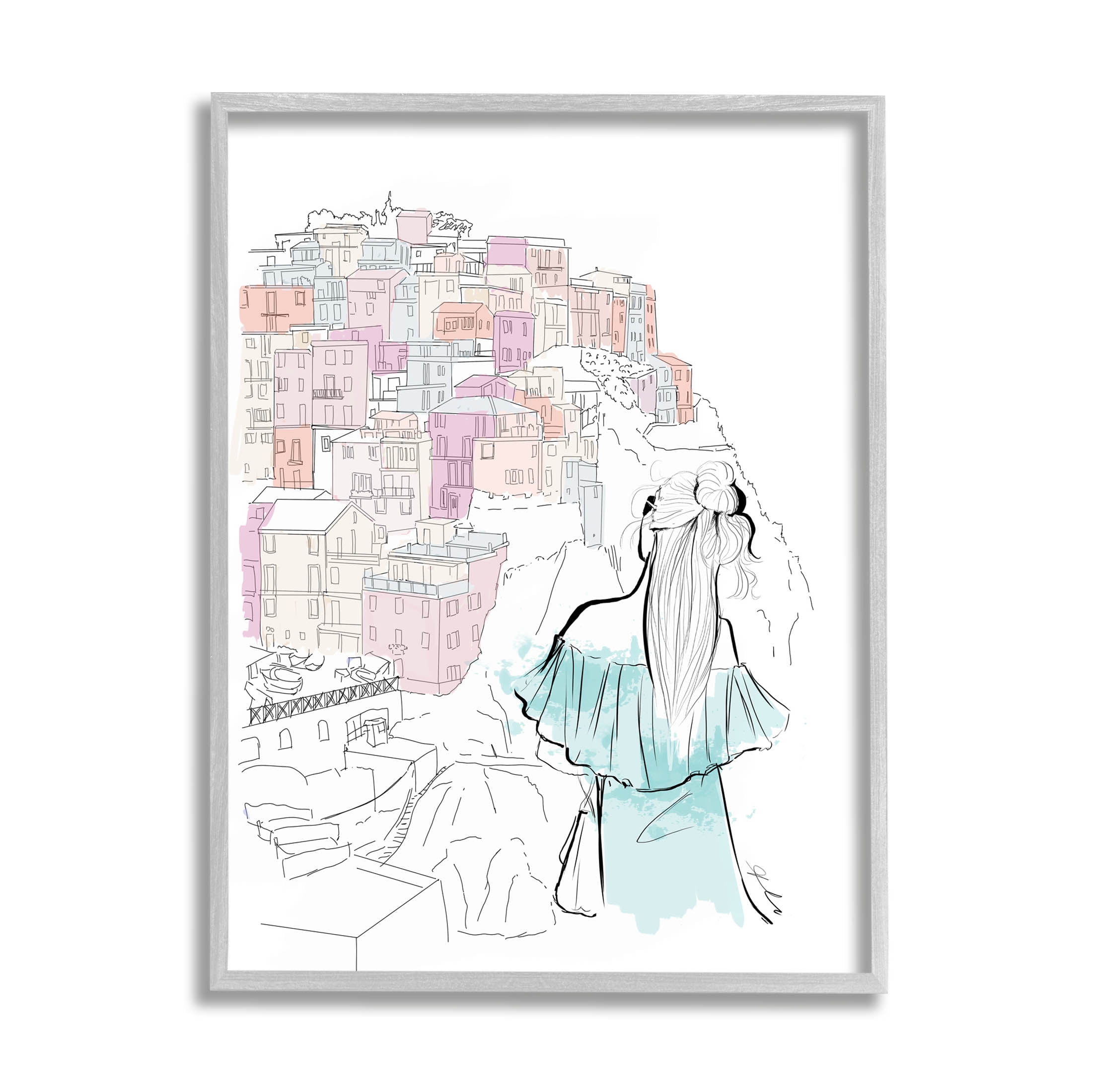 Stupell Industries Stylish Girl Overlooking City Graphic Art Gray Framed Art Print Wall Art, Design by Alison Petrie