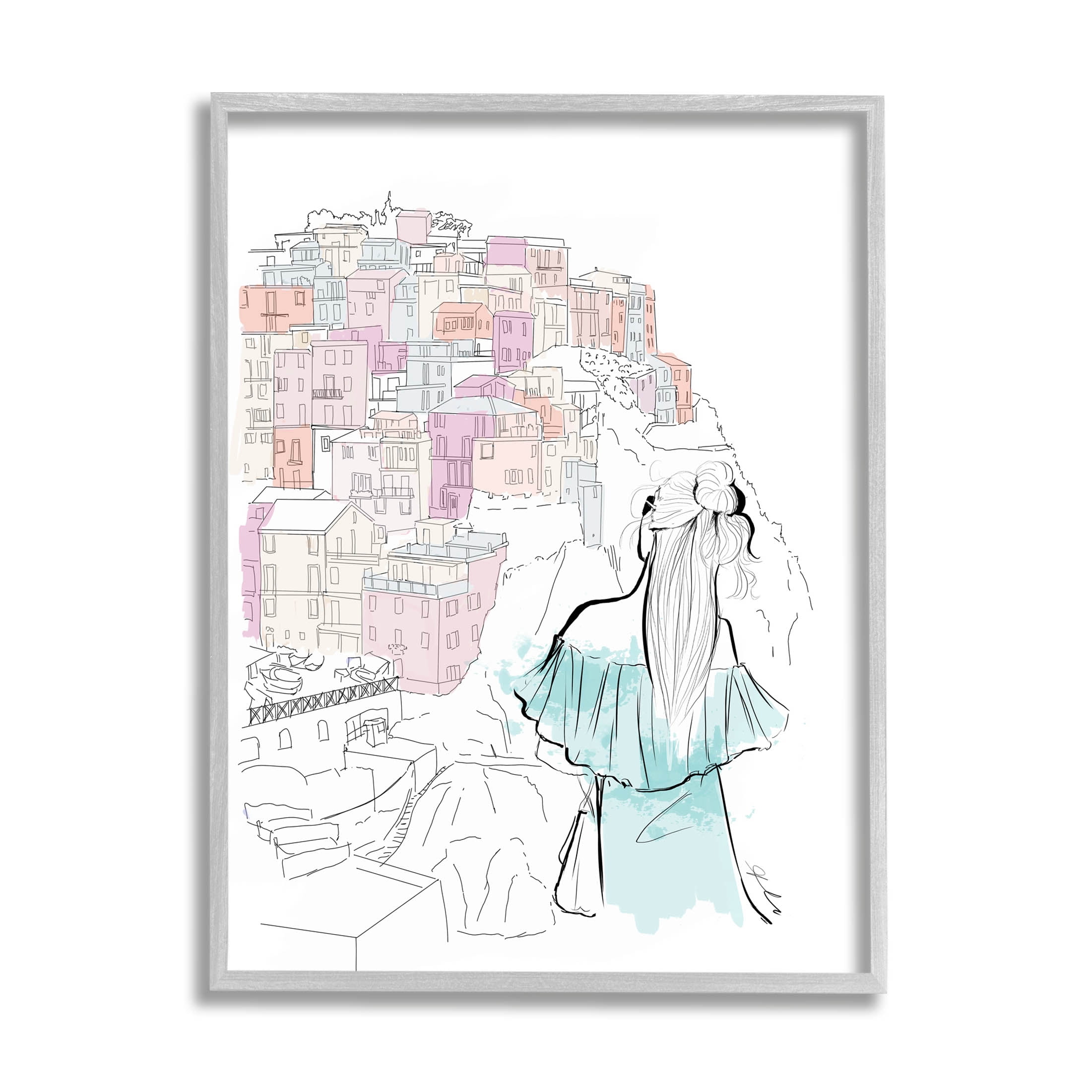 Stupell Industries Stylish Girl Overlooking City Graphic Art Gray Framed Art Print Wall Art, Design by Alison Petrie