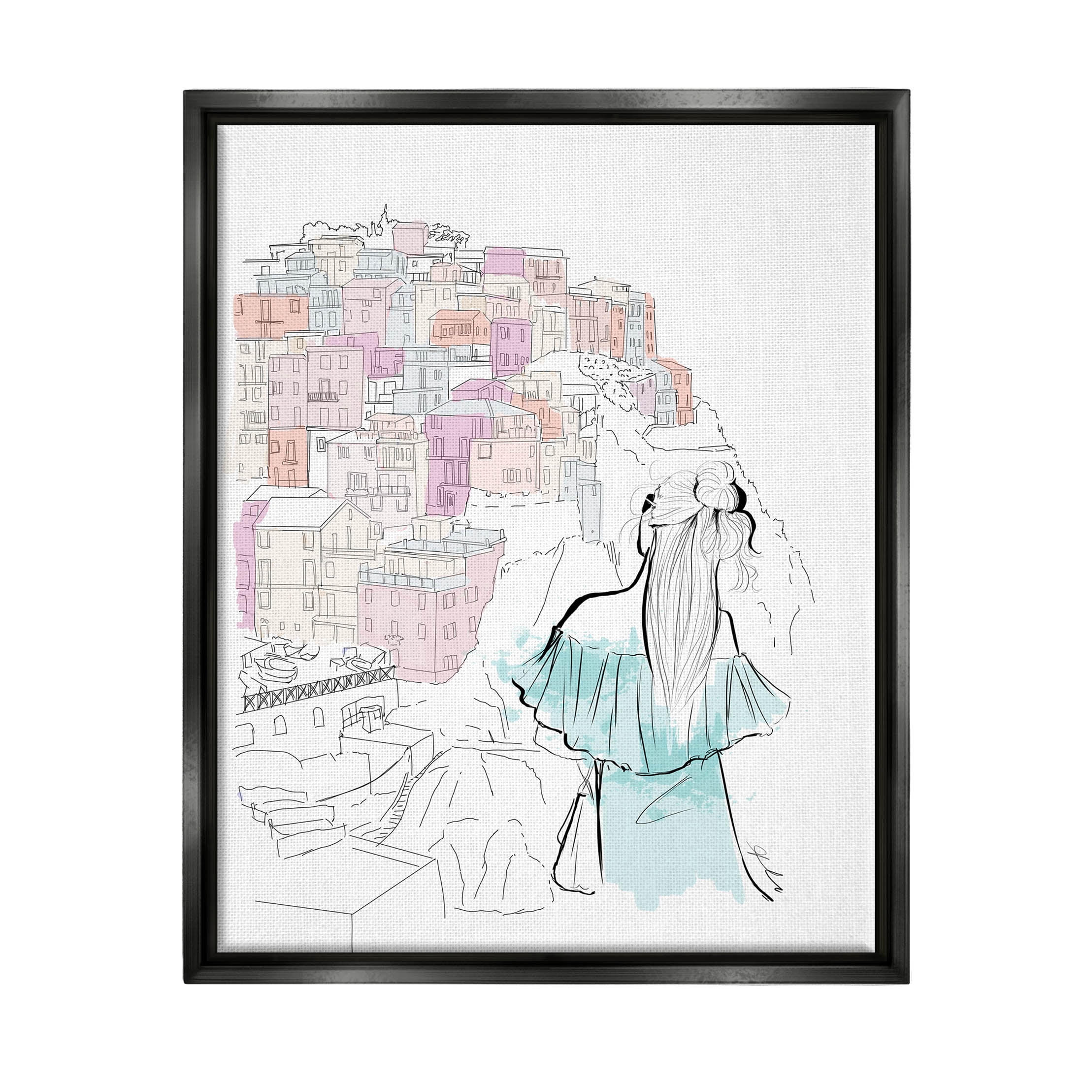 Stupell Industries Stylish Girl Overlooking City Graphic Art Jet Black Floating Framed Canvas Print Wall Art, Design by Alison Petrie