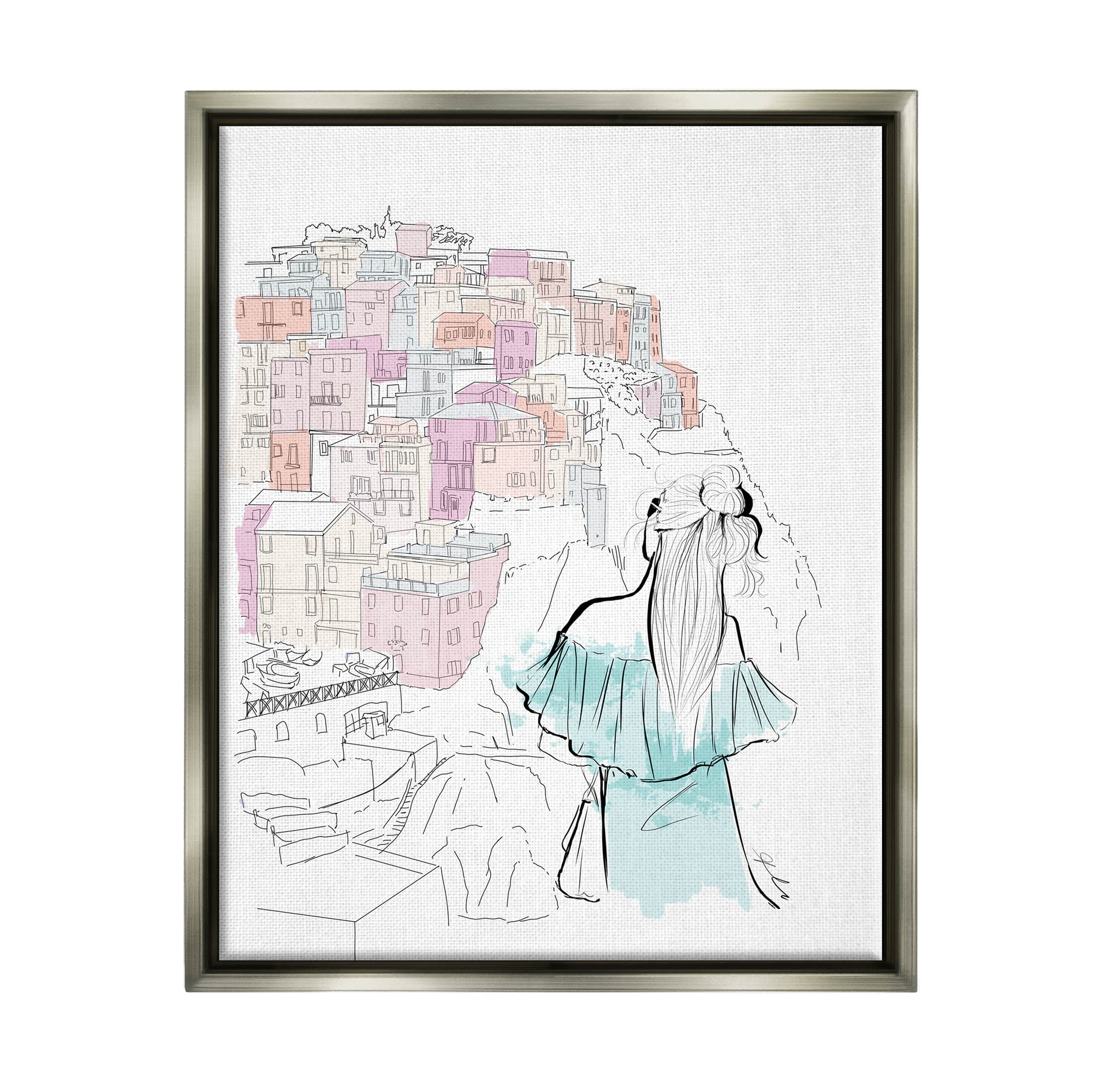 Stupell Industries Stylish Girl Overlooking City Graphic Art Luster Gray Floating Framed Canvas Print Wall Art, Design by Alison Petrie