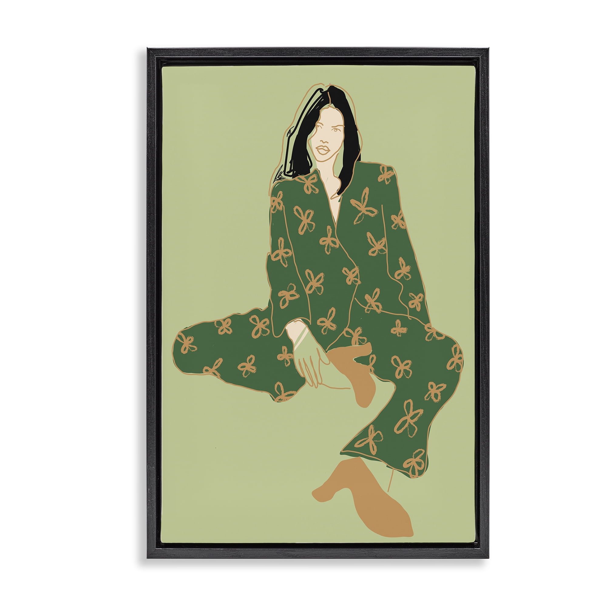 Stupell Industries Stylish Girl Sitting Novelty Painting Black Floater Framed Art Print Wall Art, 21 x 31