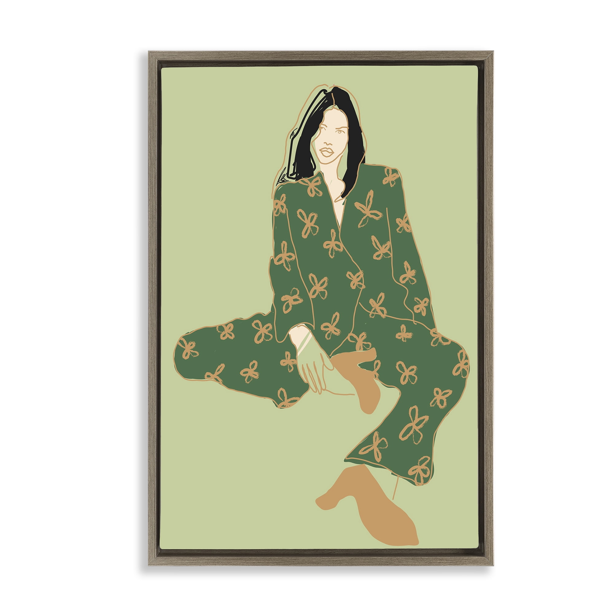 Stupell Industries Stylish Girl Sitting Novelty Painting Brown Floater Framed Art Print Wall Art, 21 x 31