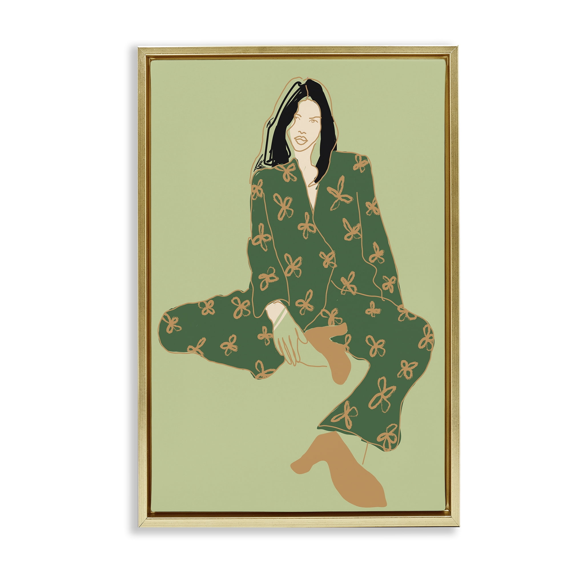 Stupell Industries Stylish Girl Sitting Novelty Painting Gold Floater Framed Art Print Wall Art, 21 x 31