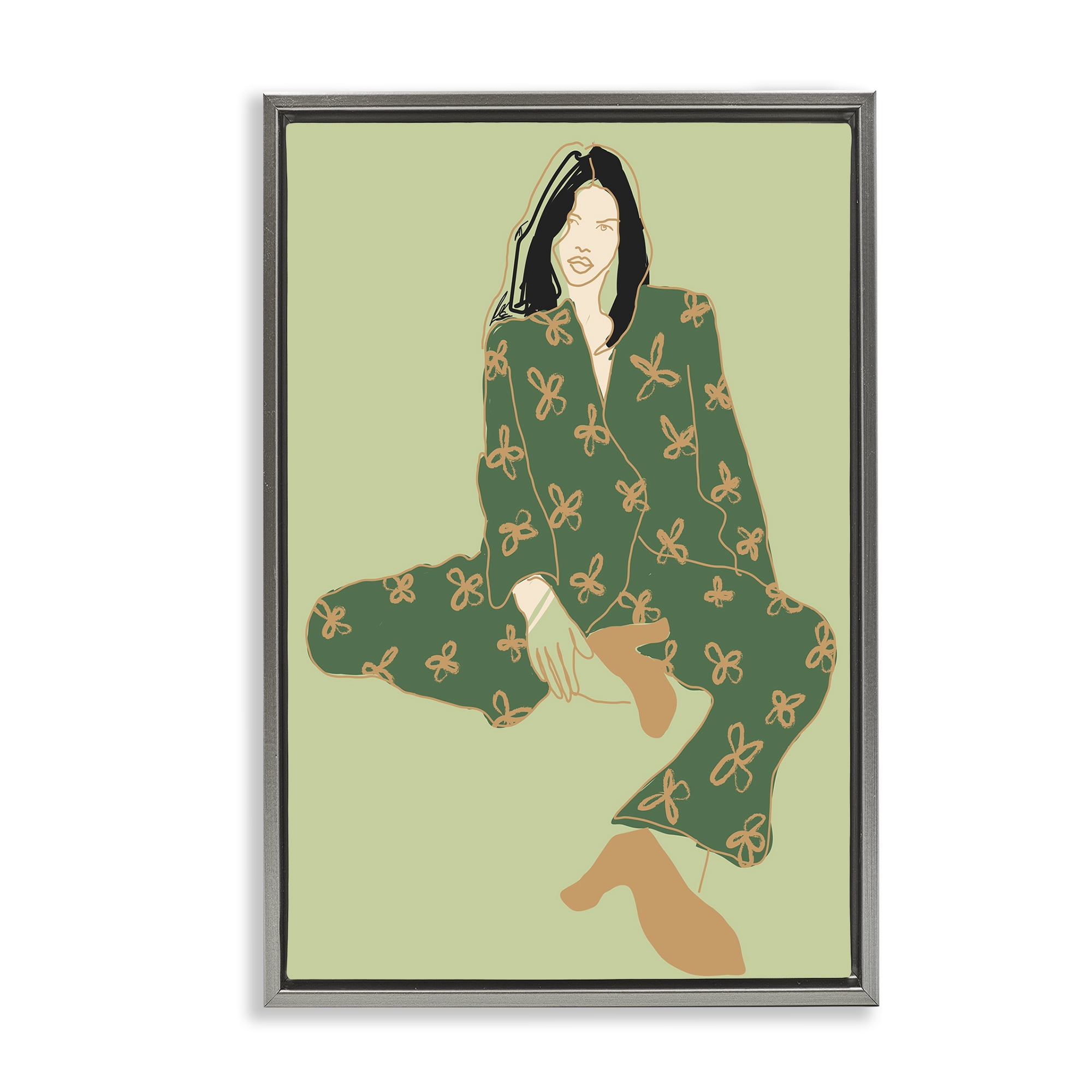 Stupell Industries Stylish Girl Sitting Novelty Painting Gray Floater Framed Art Print Wall Art, 17 x 25
