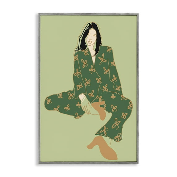 Stupell Industries Stylish Girl Sitting Novelty Painting Gray Framed Art Print Wall Art, 16 x 24