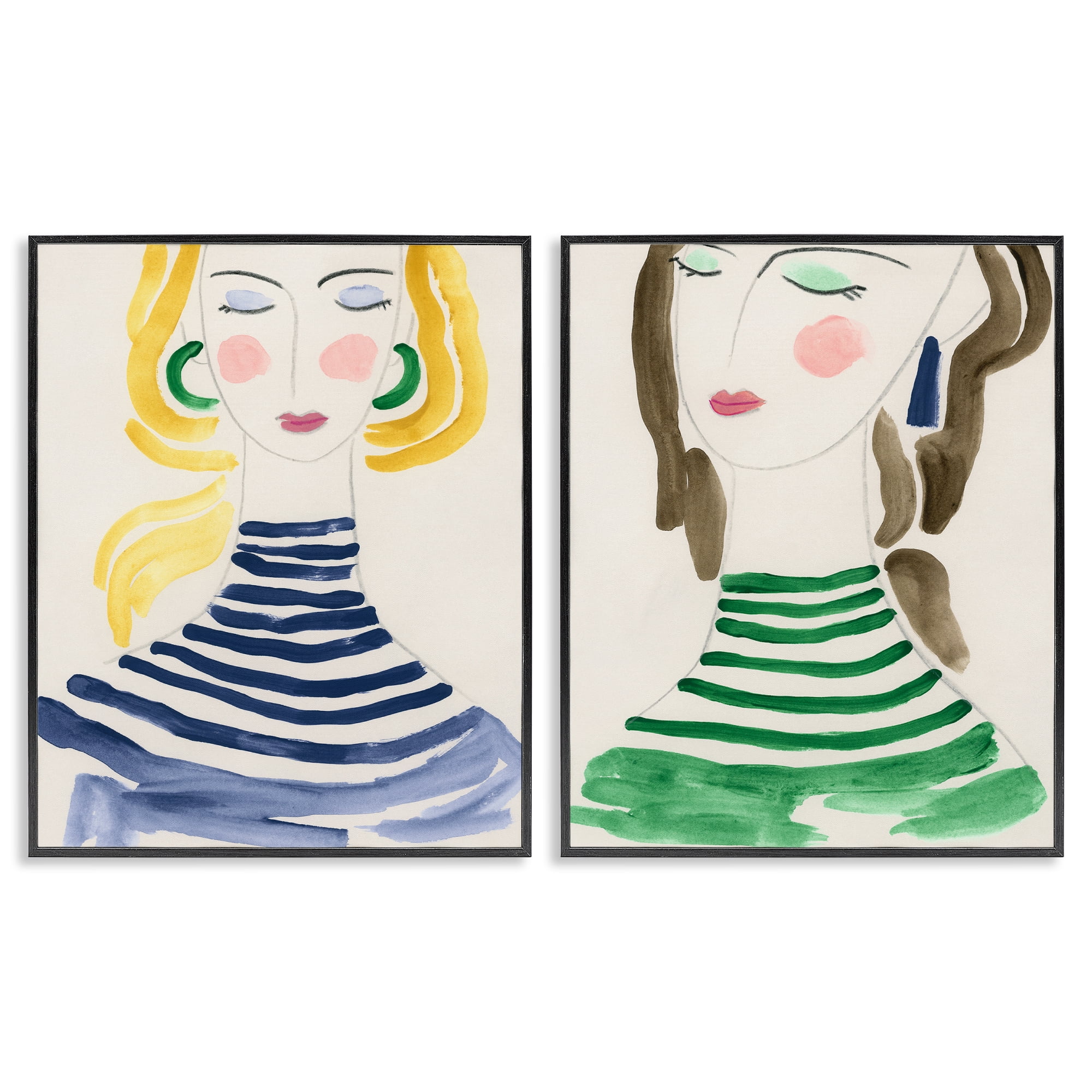 Stupell Industries Stylish Ladies in Stripes People Painting Black Framed Art Print Wall Art, 24 x 30, Set of 2