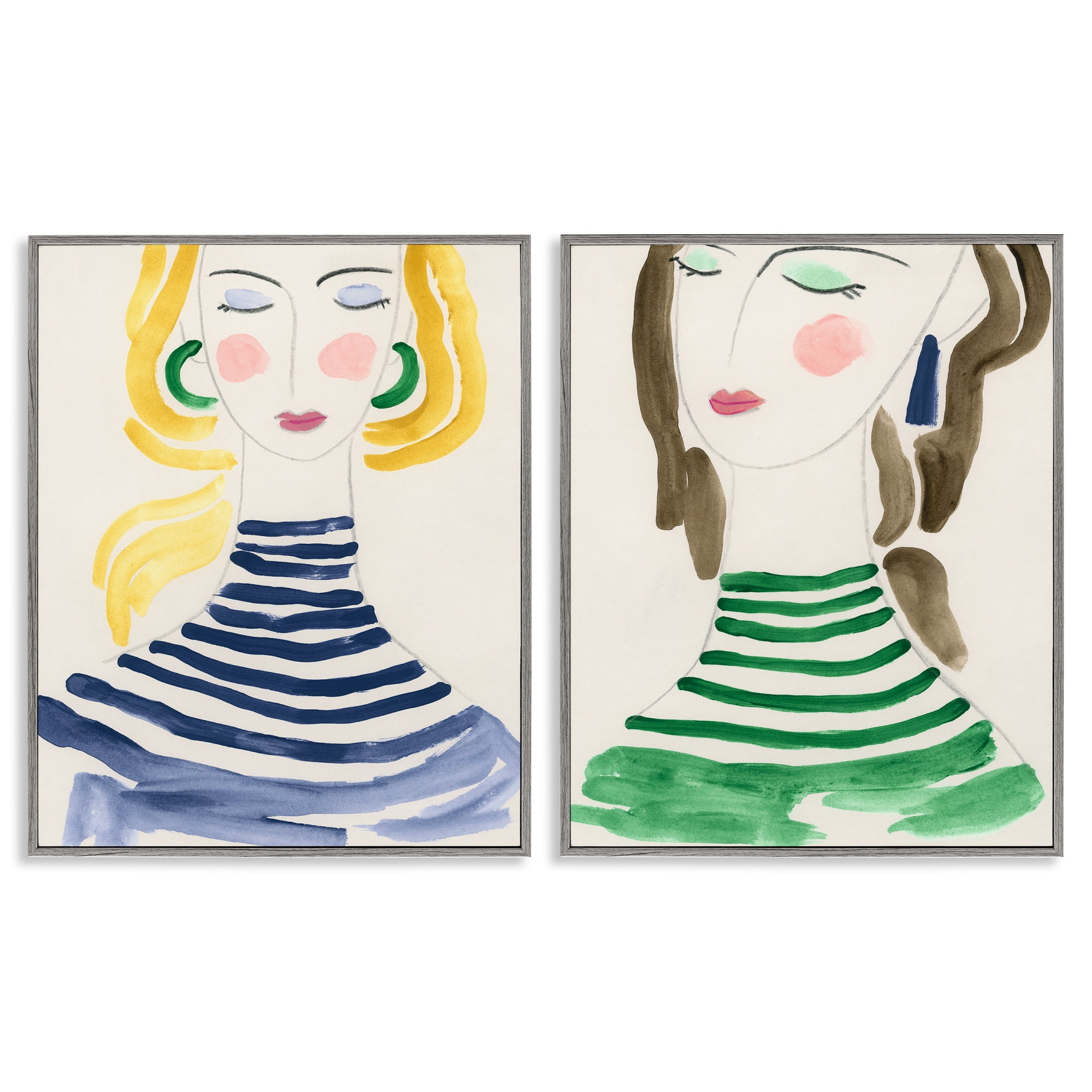 Stupell Industries Stylish Ladies in Stripes People Painting Gray Framed Art Print Wall Art, 24 x 30, Set of 2