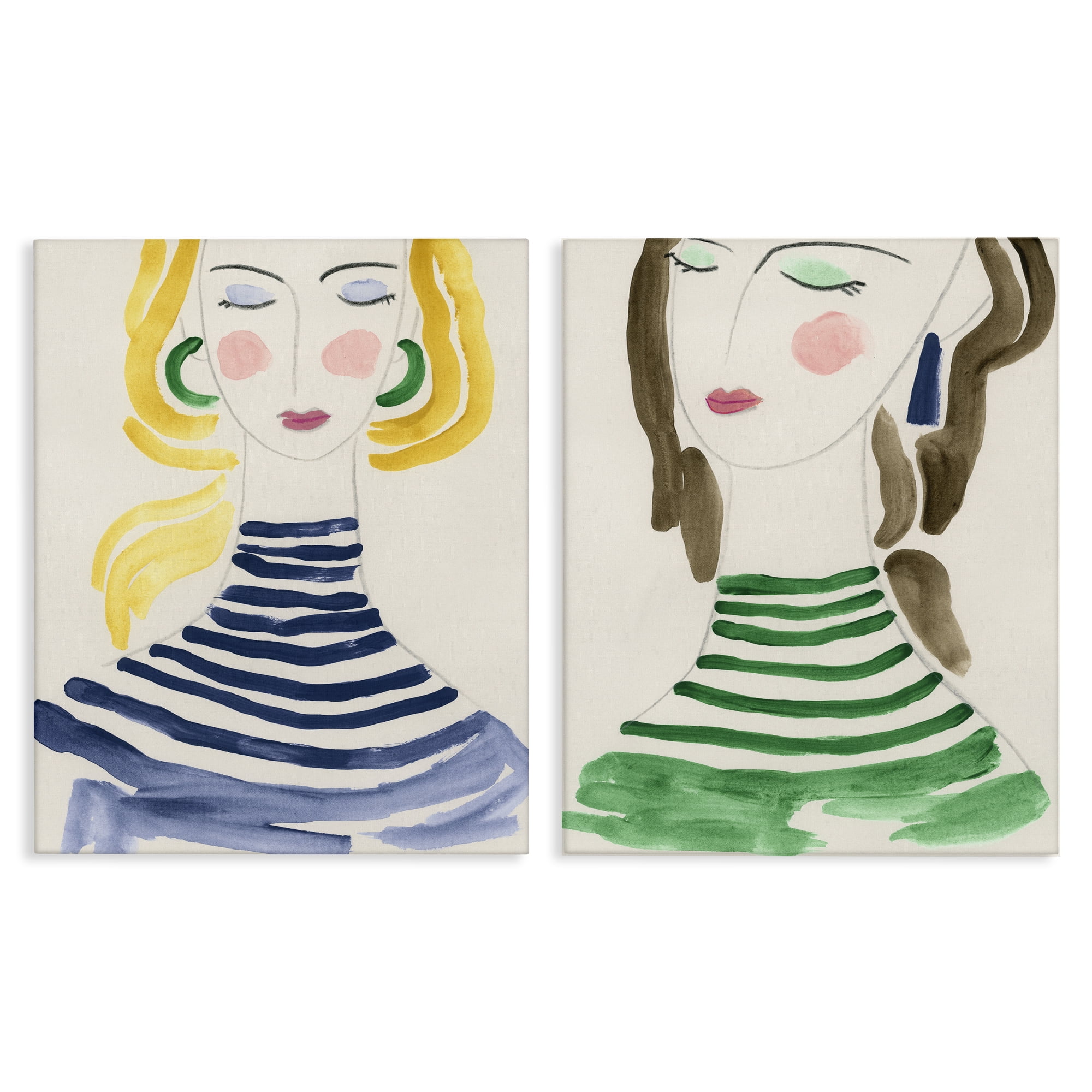 Stupell Industries Stylish Ladies in Stripes People Painting Wrapped Canvas Art Print Wall Art, 24 x 30, Set of 2