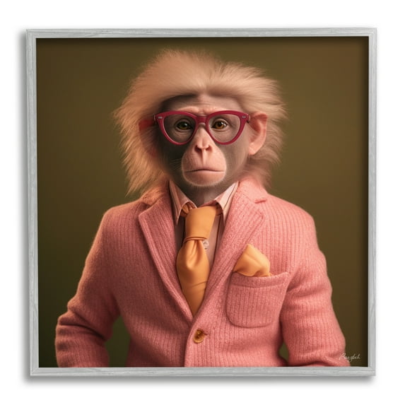 Stupell Industries Stylish Monkey Portrait Animals & Insects Painting Gray Framed Art Print Wall Art, 17 x 17