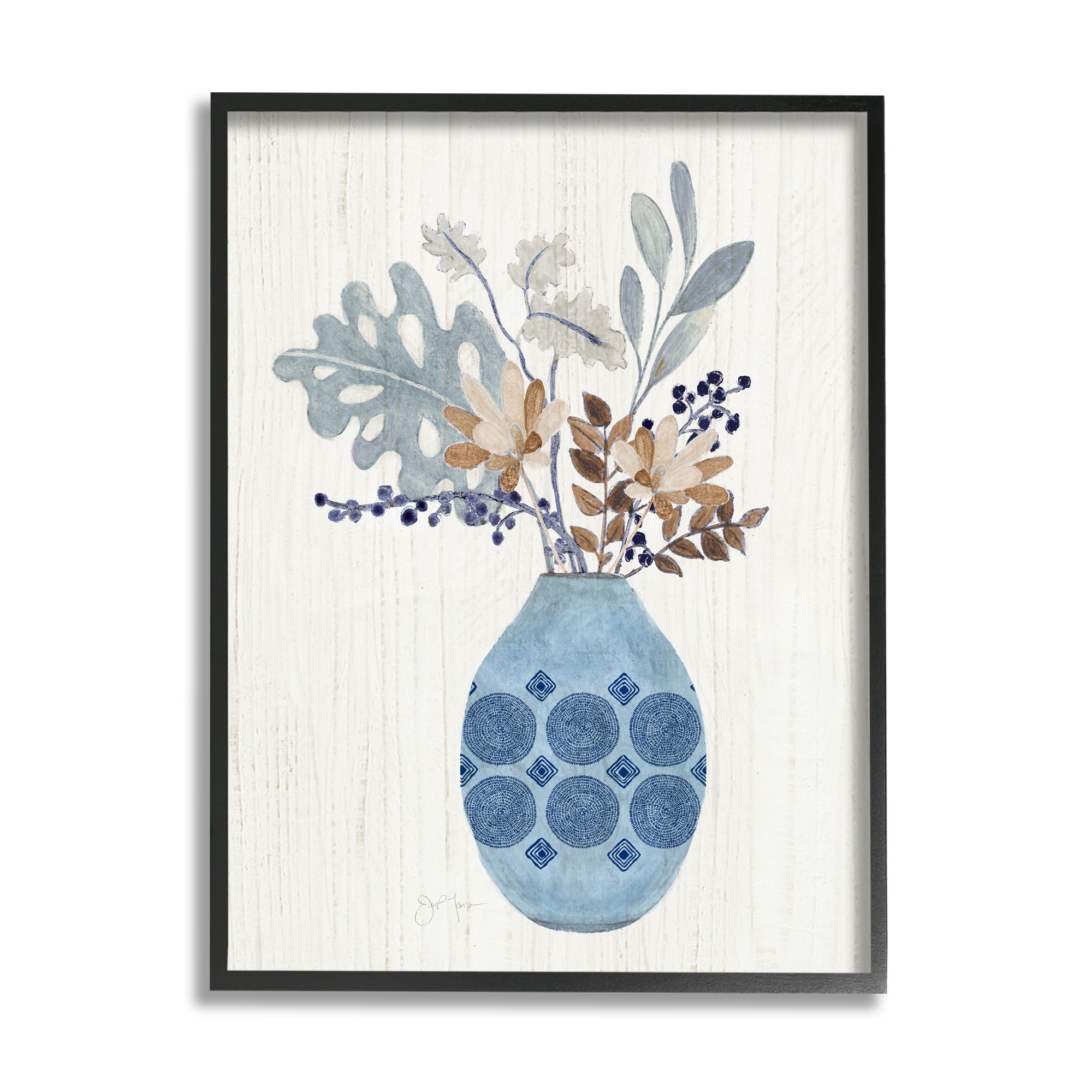 Stupell Industries Stylish Mosaic Pattern Vase Botanical Leaf Sprigs Graphic Art Black Framed Art Print Wall Art, Design by Tava Studios