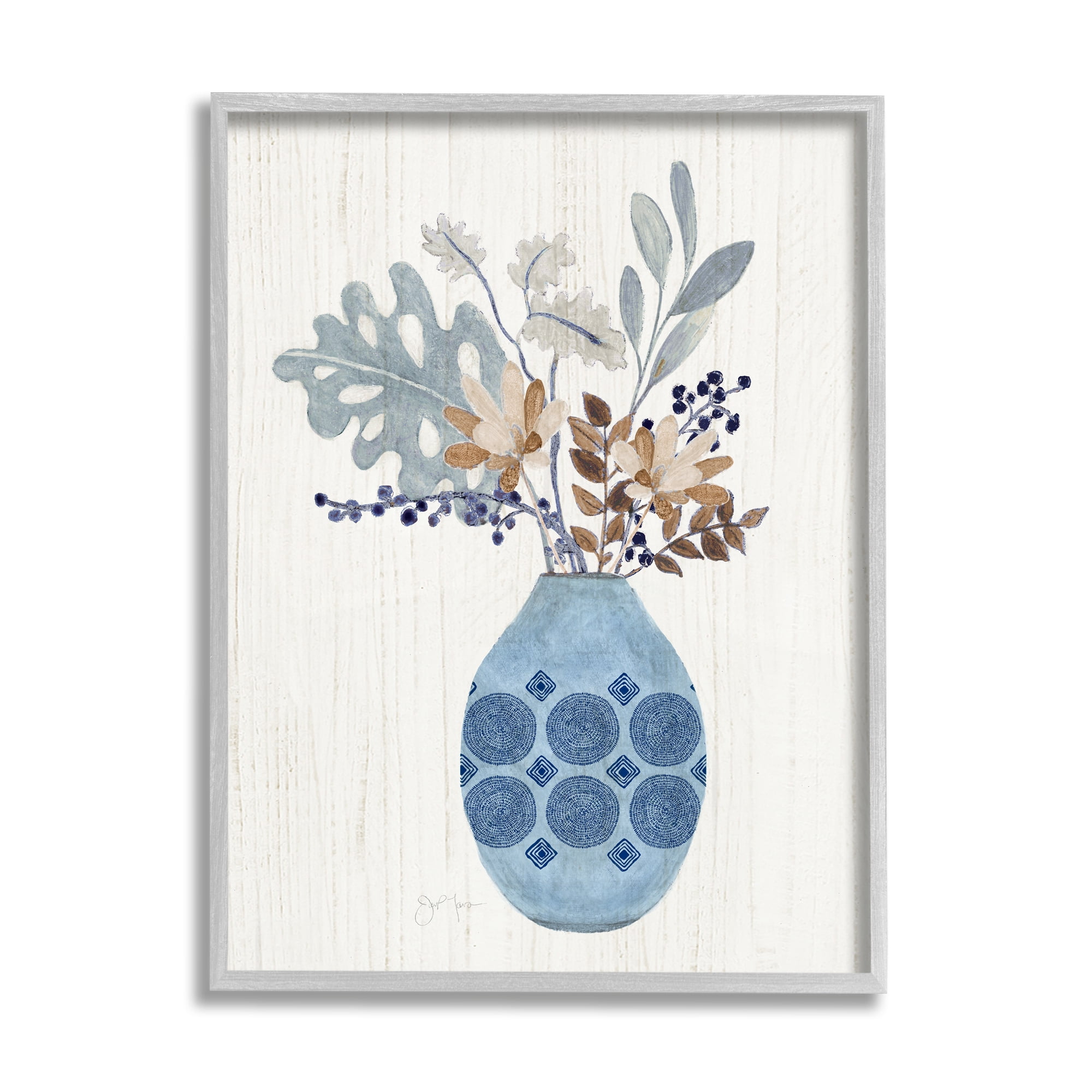 Stupell Industries Stylish Mosaic Pattern Vase Botanical Leaf Sprigs Graphic Art Gray Framed Art Print Wall Art, Design by Tava Studios