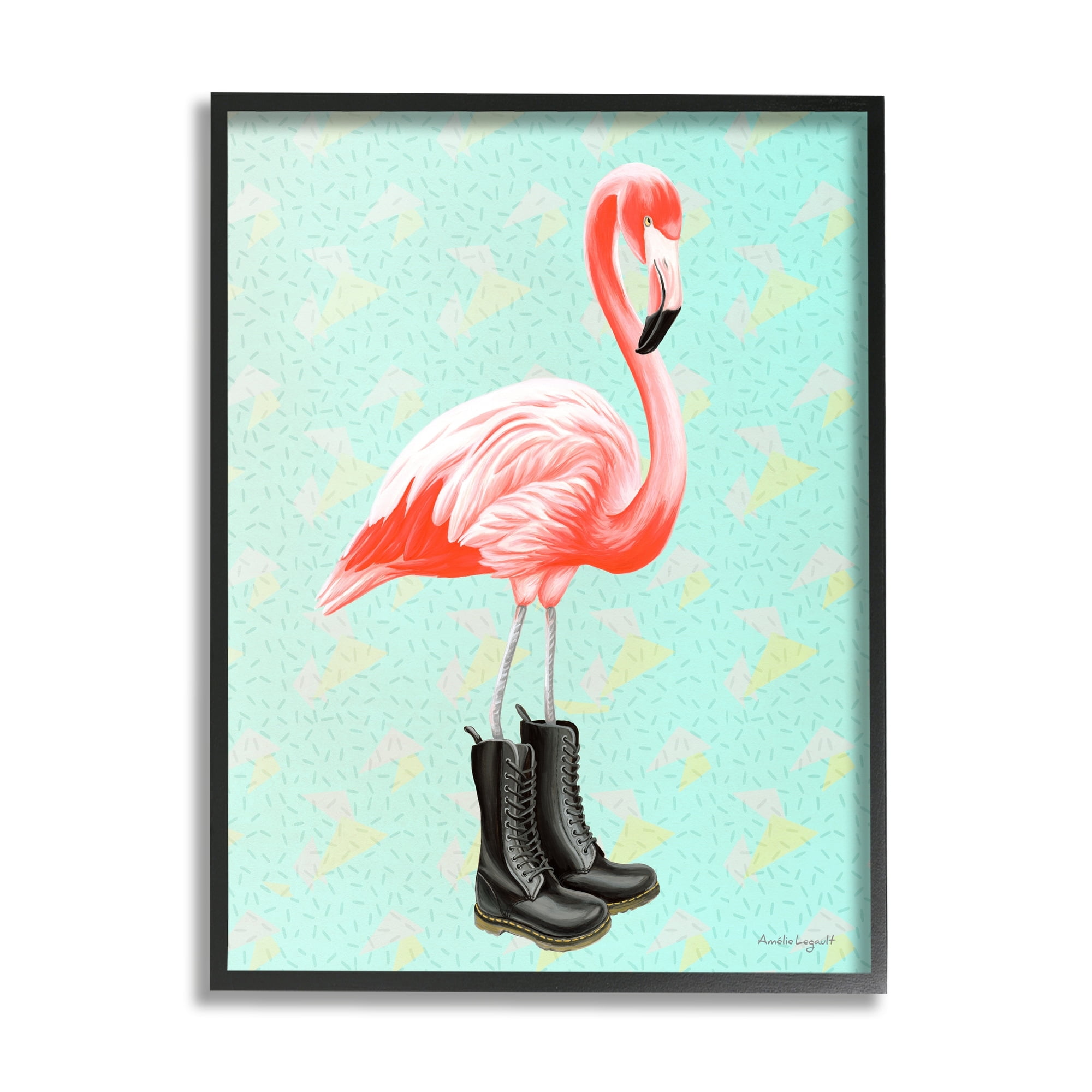 Stupell Industries Stylish Pink Flamingo Black Boots Geometric Pattern Graphic Art Black Framed Art Print Wall Art, Design by Amelie Legault